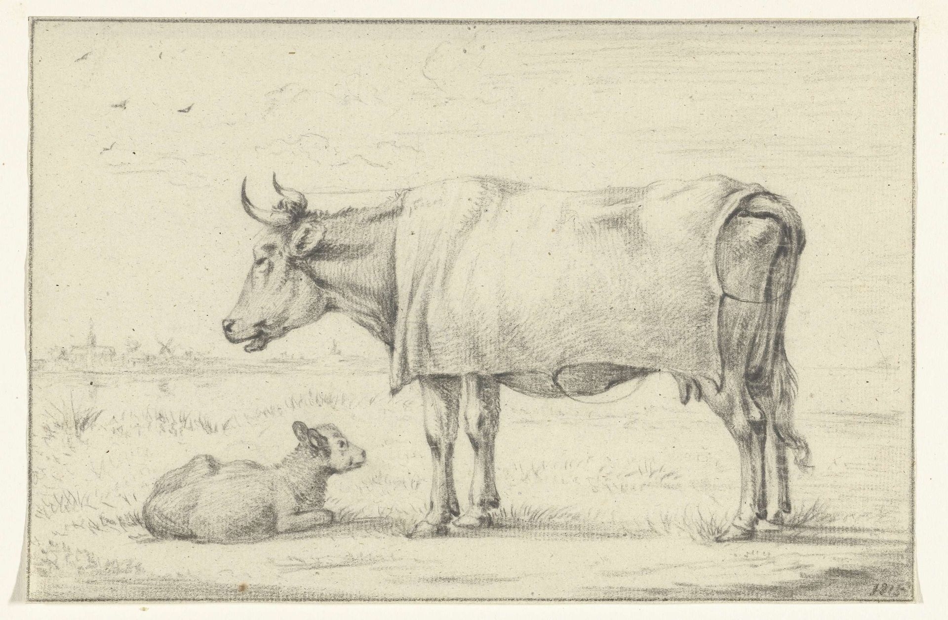 Staande koe, naar links, bij een liggend kalfje by Jean Bernard