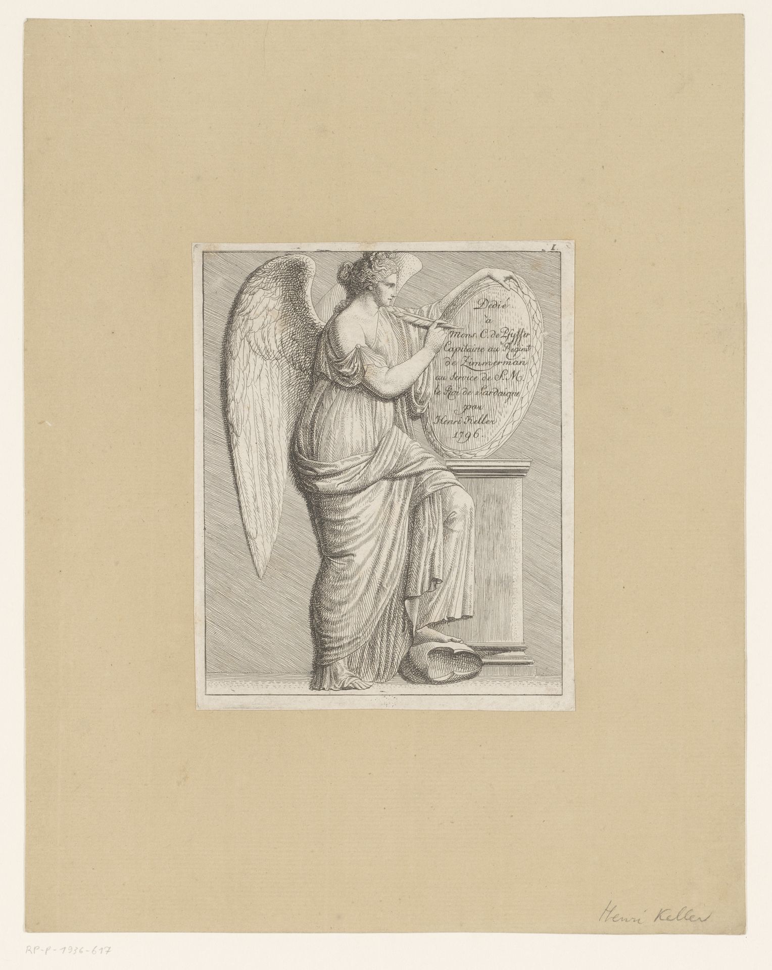 Titelprent met een schrijvende engel by Henri Keller