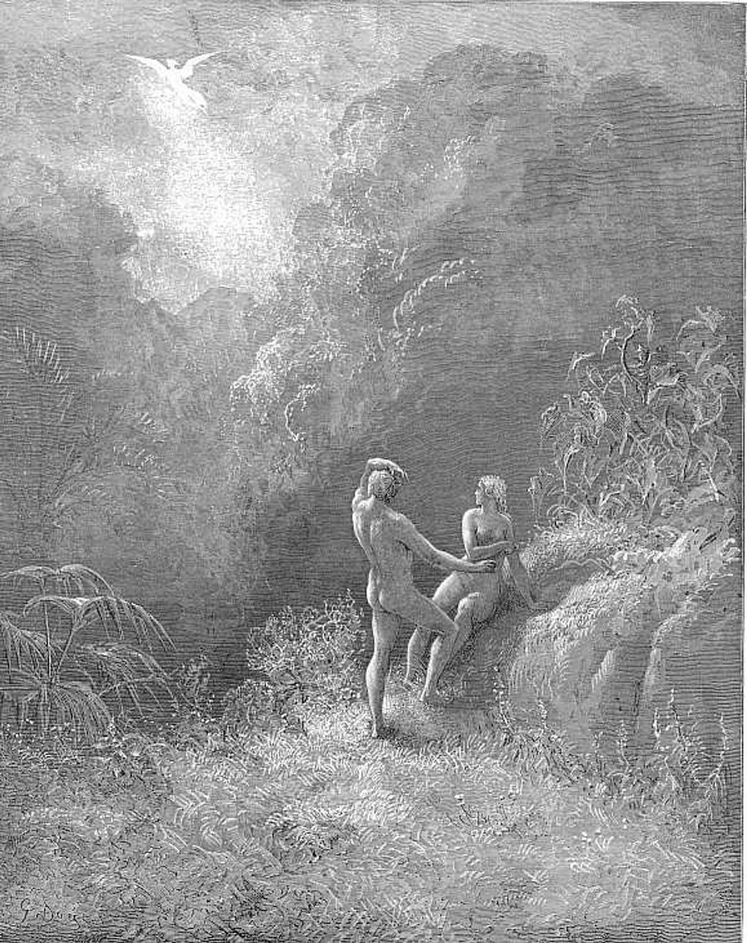 So parted they  the Angel up to heaven From the thick shade, and Adam to his bower by Gustave Dore