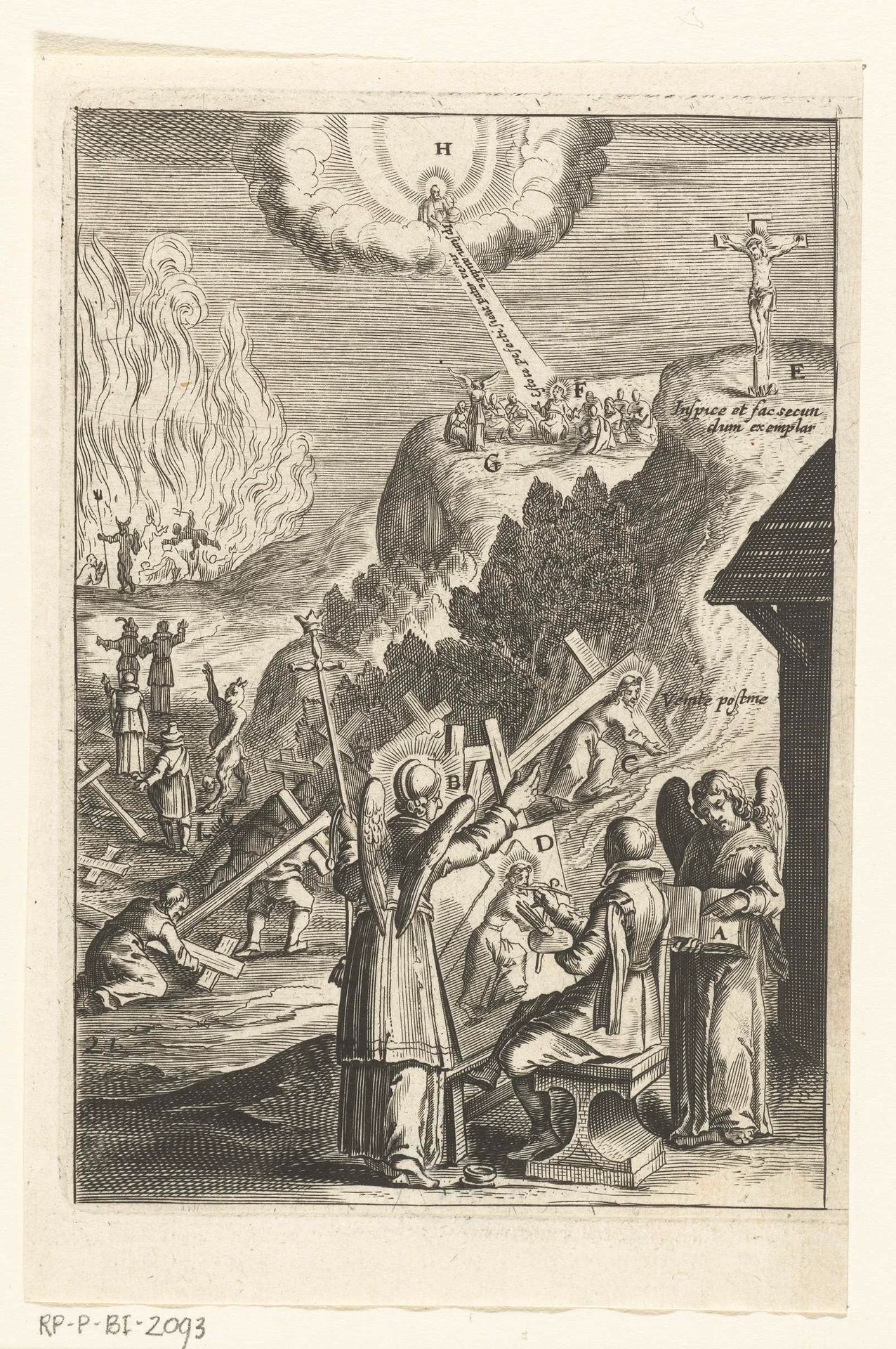 Embleem met man die portret schildert van Christus op de kruisweg by Anonymous