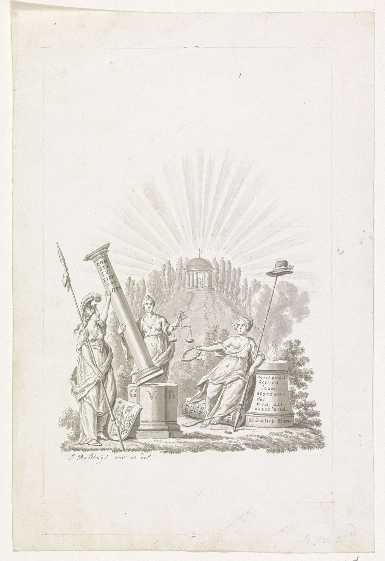 Ontwerp voor het titelblad voor: Constitutions-Acte für die Batavische Republik, nebst andere dazu gehörige Stücke wie selbige von ihren Einwohnern am 23 April 1798 angenommen sind by Jan Bulthuis