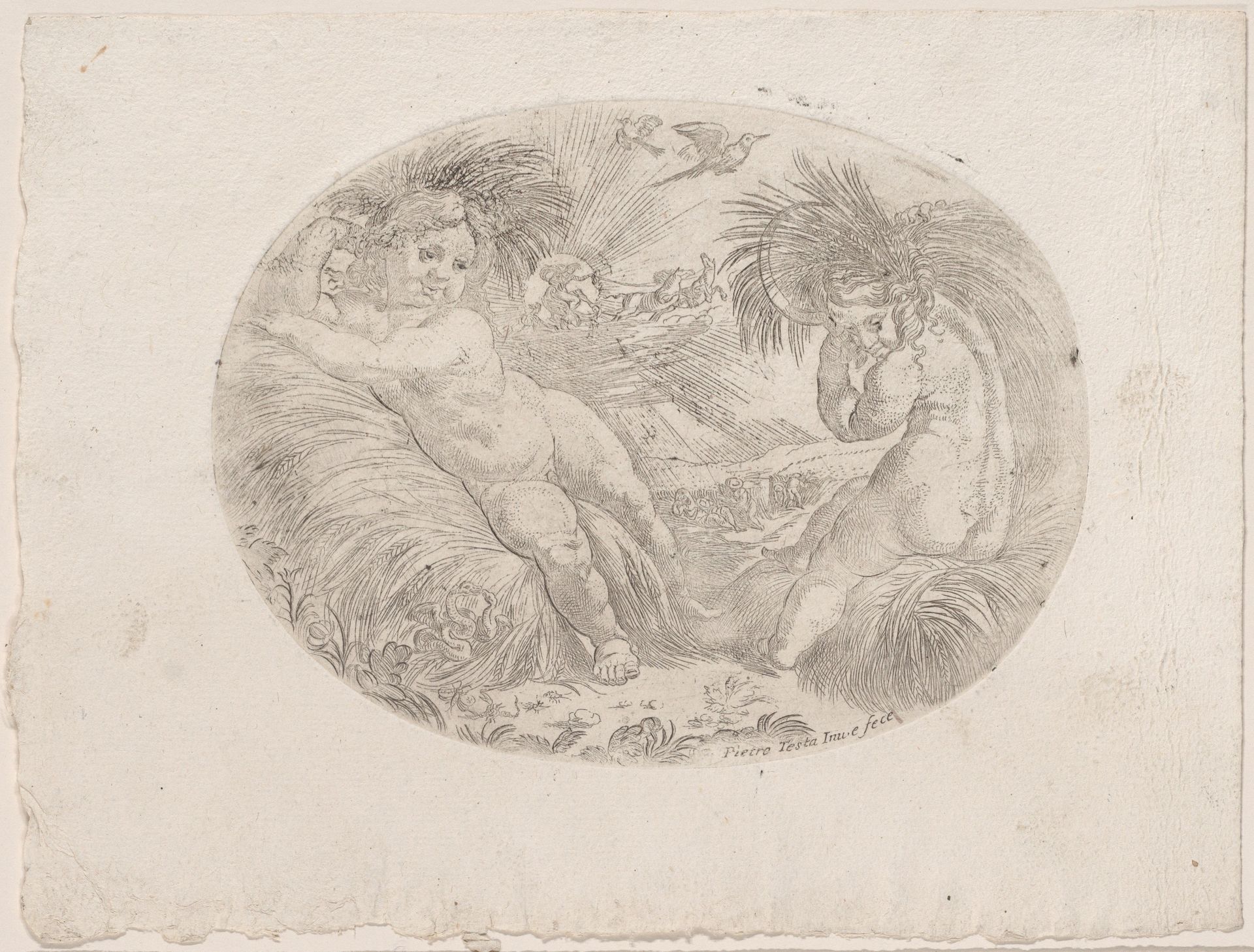 Putto at left reclining on sheaves of wheat, another at right carrying a sheave over his shoulder, an allegory of the seasons (Summer), an oval composition by Anonymous