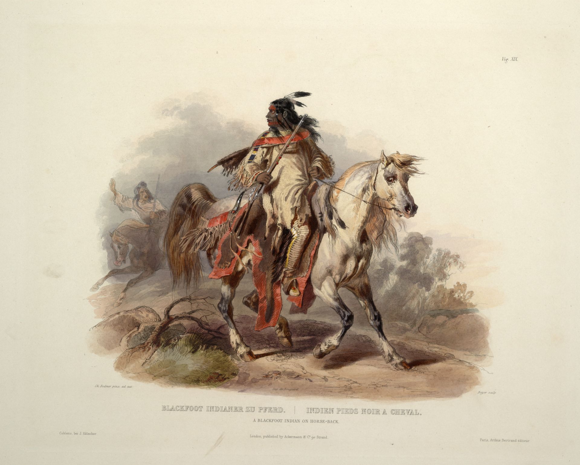 A Blackfoot Indian on Horseback, plate 19 from Volume 1 of 'Travels in the Interior of North America' by Karl Bodmer