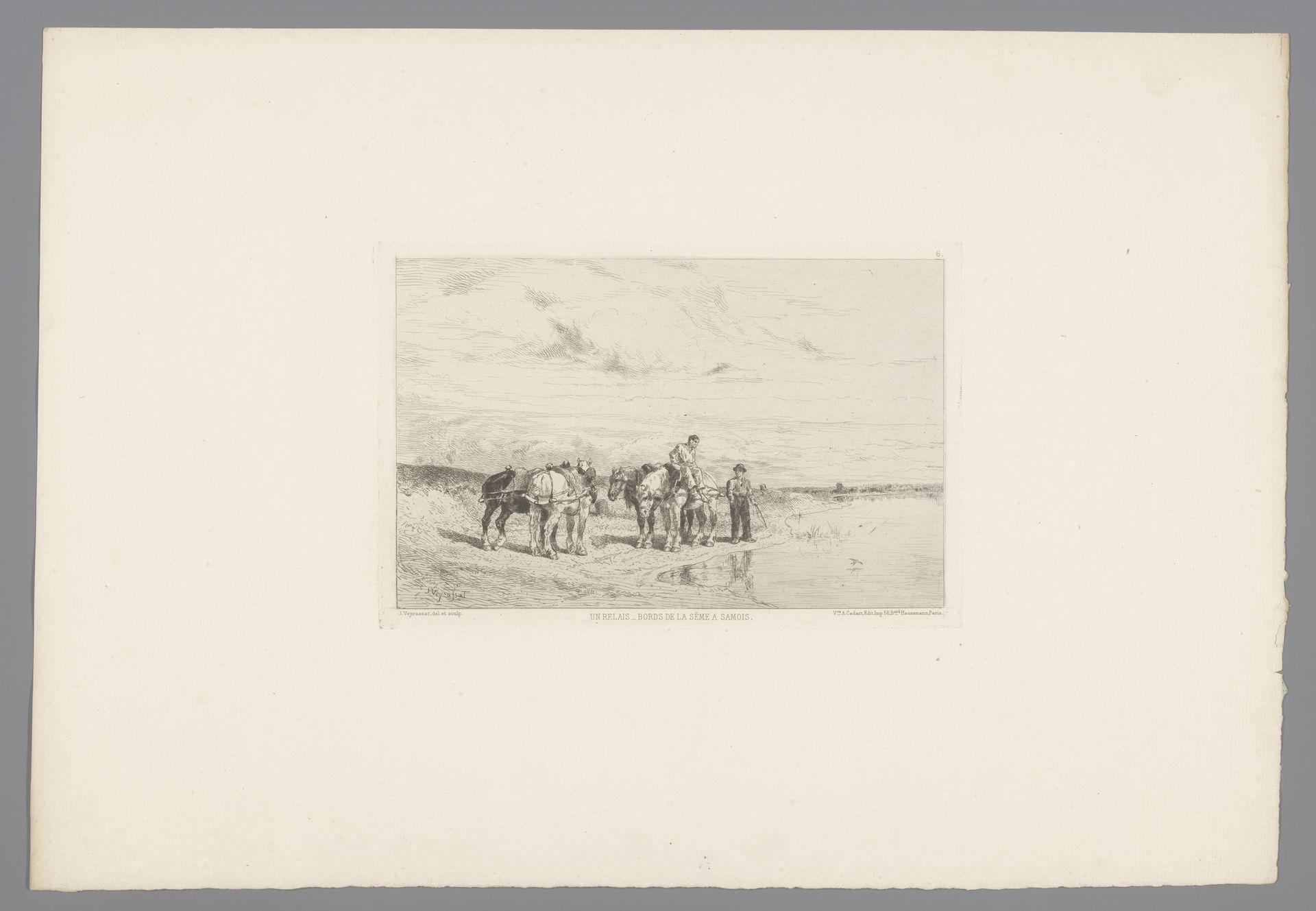 Twee mannen met paarden bij een rivier by Jules-Jacques Veyrassat
