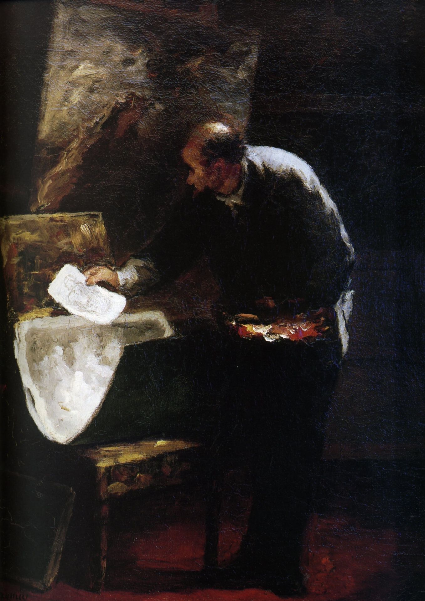 Painter dividing into sheets a paperboard of drawing by Honoré Daumier