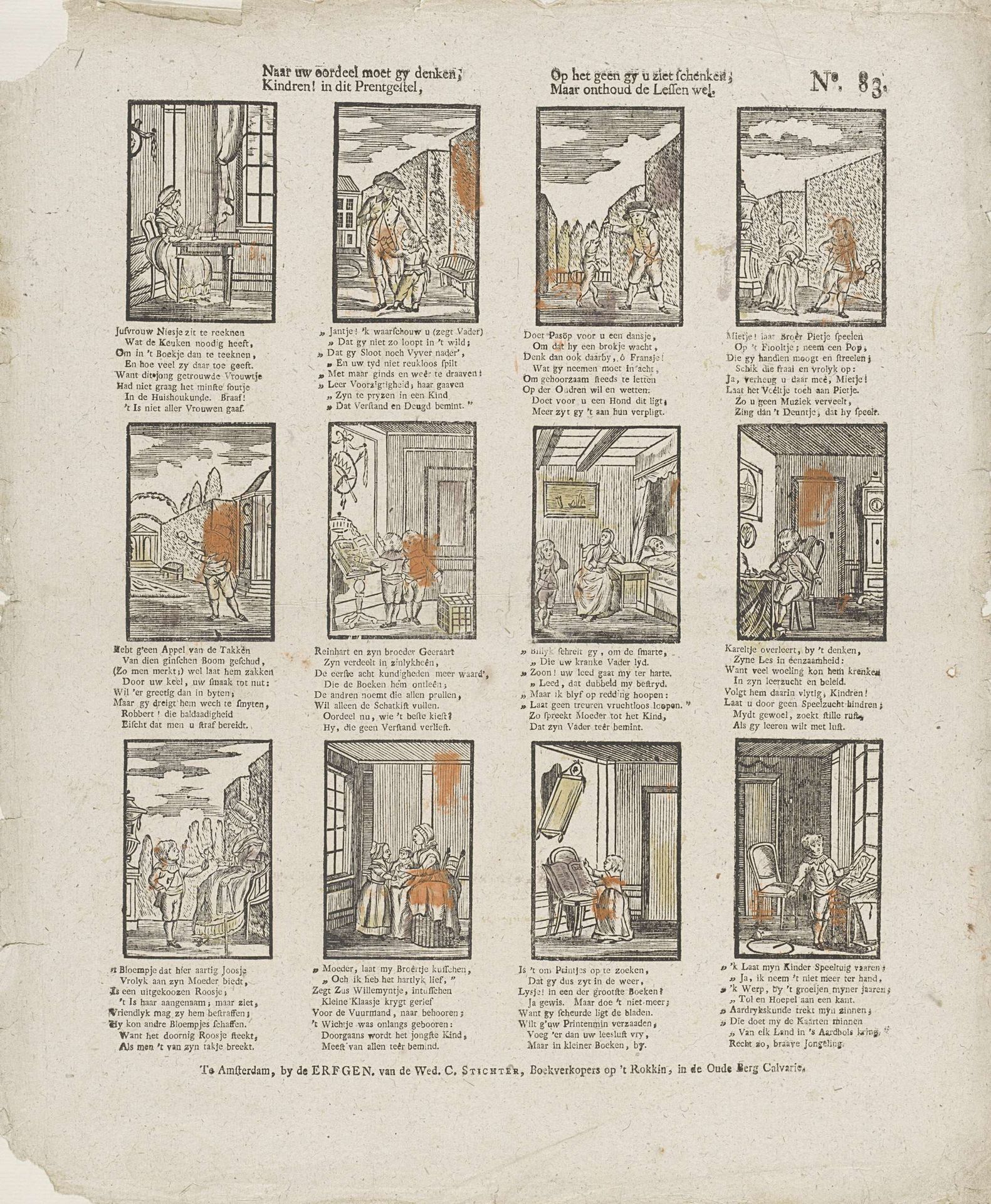Naar uw oordeel moet gy denken, / Kindren! in dit prentgestel, / Op het geen gy u ziet schenken, / Maar onthoud de lessen wel by erven weduwe Cornelis Stichter