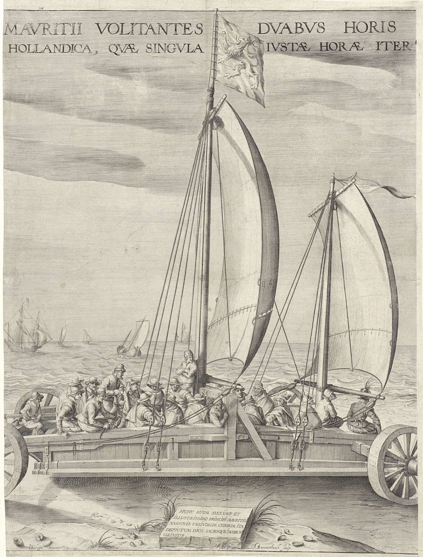 De zeilwagen van Simon Stevin (middenplaat), 1602 by Willem van Swanenburg