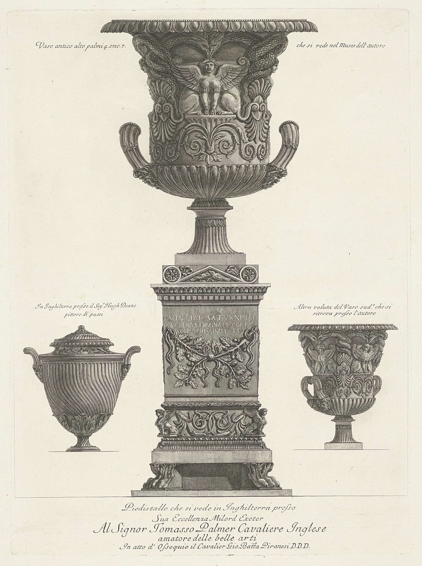 Drie antieke vazen waarvan een op voetstuk by Giovanni Battista Piranesi