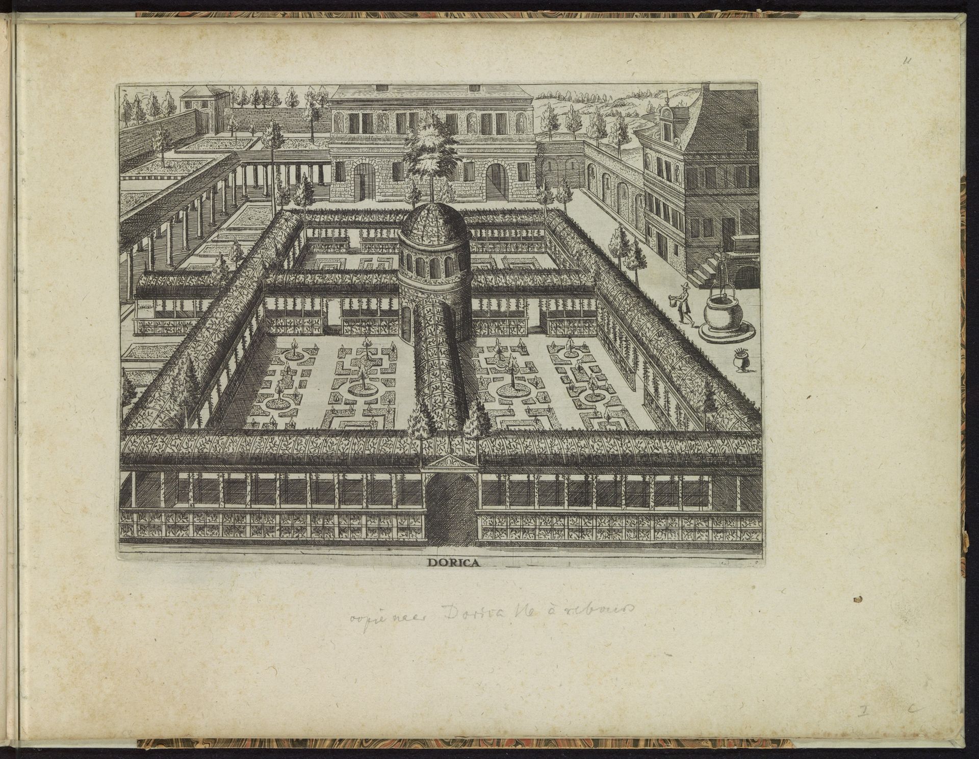 Tuin met vier door gangen van traliewerk omgeven parterres by Anonymous