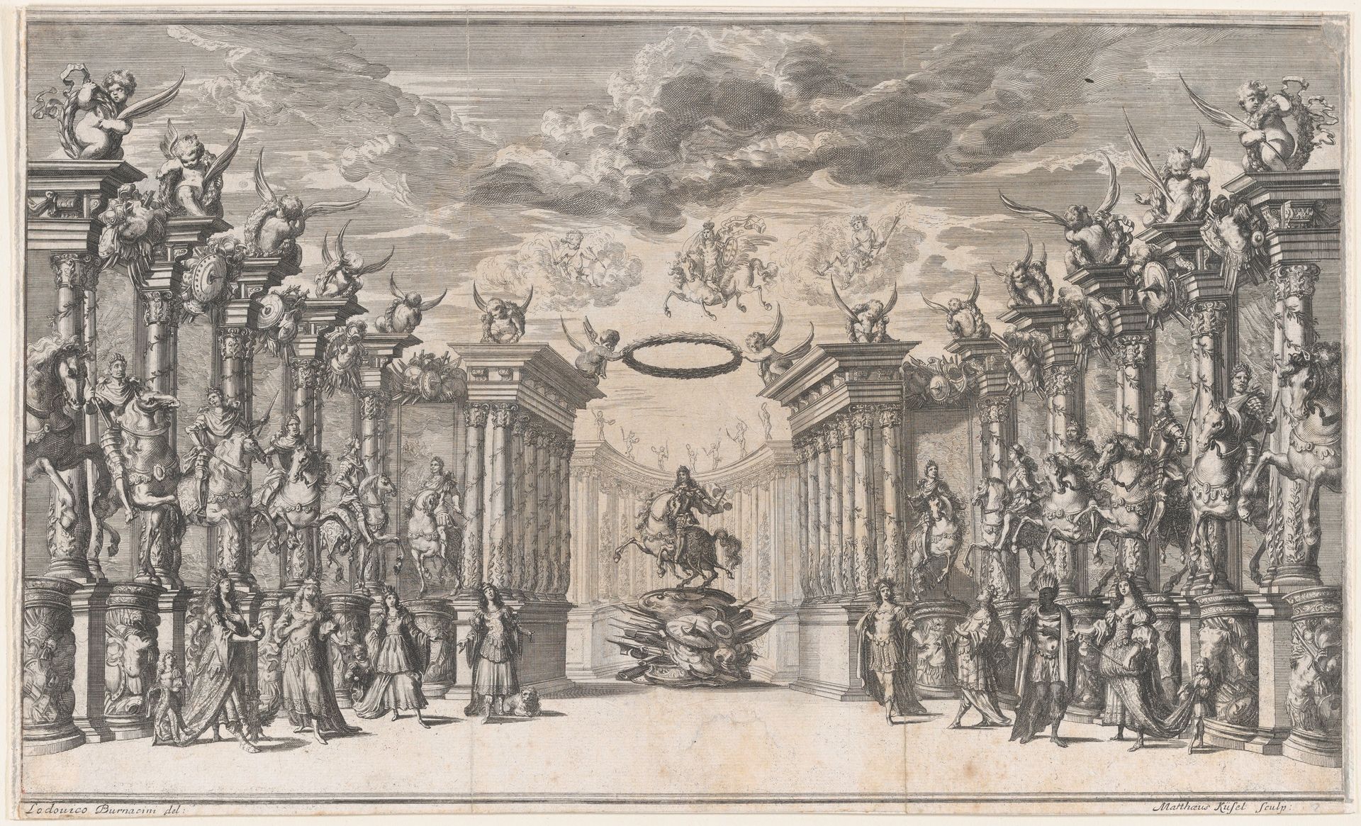 The Triumph of Austria; Leopold I at center, mounted on a reared horse, atop a military trophy; surrounded by equestrian portraits of the Holy Roman Emperors; set design from 'Il Pomo D'Oro' by Mathäus Küsel