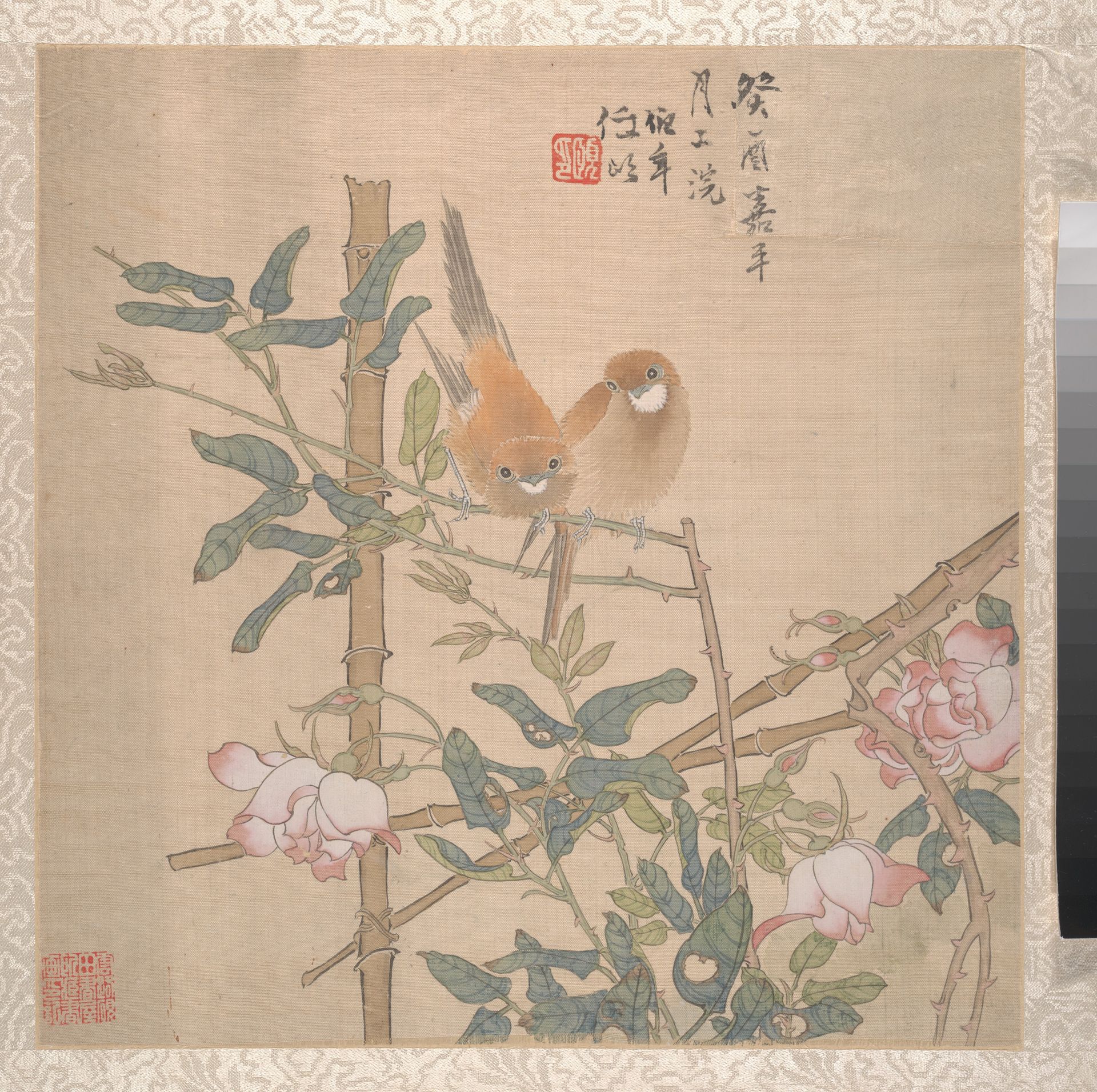 Two Birds Perched on a Flowering Rose Bush by Ren Yi (Ren Bonian)