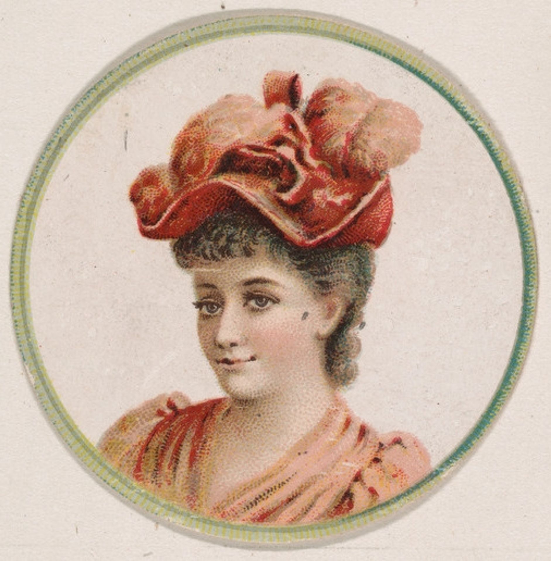 Woman wearing hat with pink feathers, from the Novelties series (N228, Type 2) issued by Kinney Bros. by Kinney Brothers Tobacco Company
