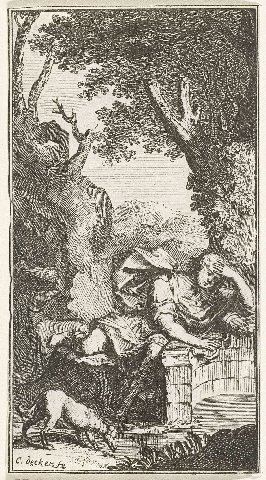 Narcissus kijkt naar zijn spiegelbeeld in wateroppervlak by Coenraet Decker