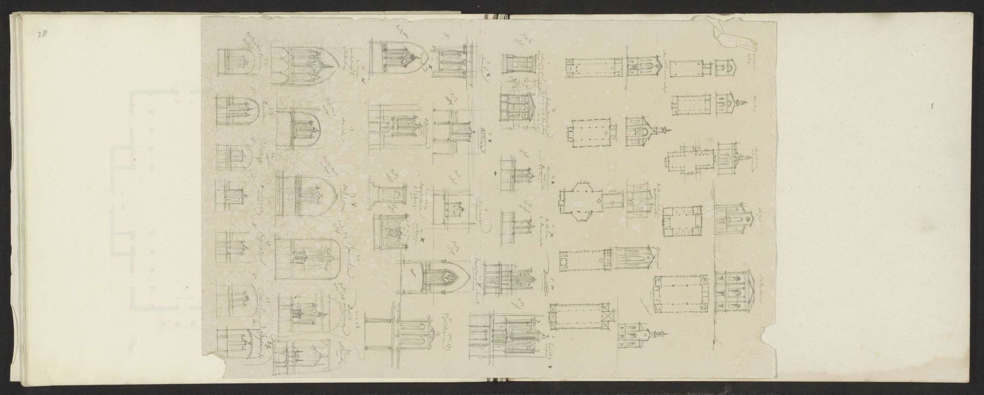 Studieblad met plattegronden, voorgevels en architectuurdetails by Willem Springer jr.