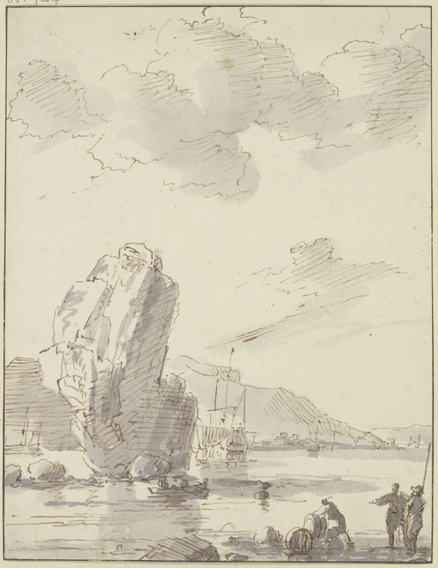 Bei einem großen Fels ein Boot, weiter hinten ein großes Schiff by Ludolf Backhuysen