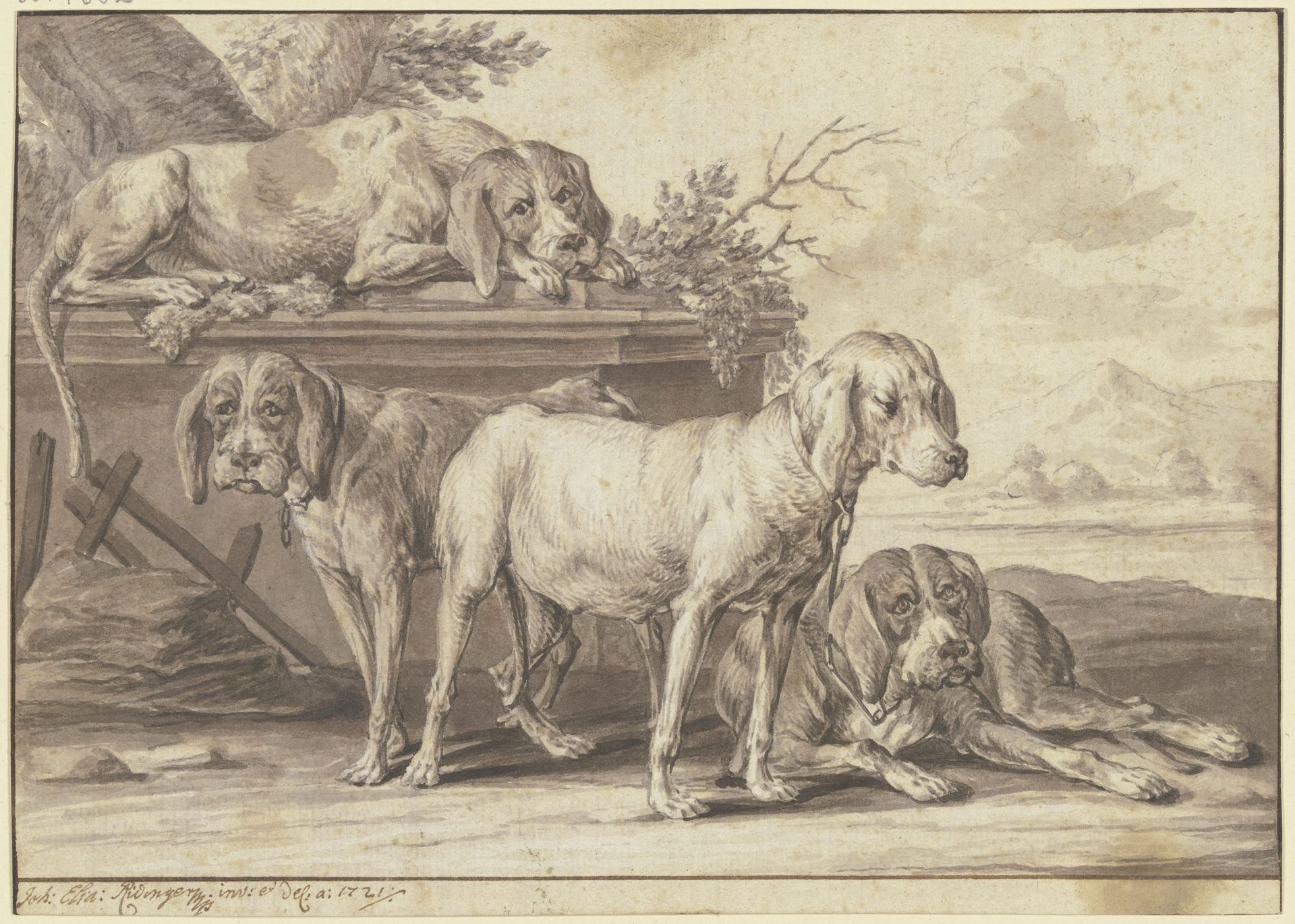 Four hunting dogs by Johann Elias Ridinger