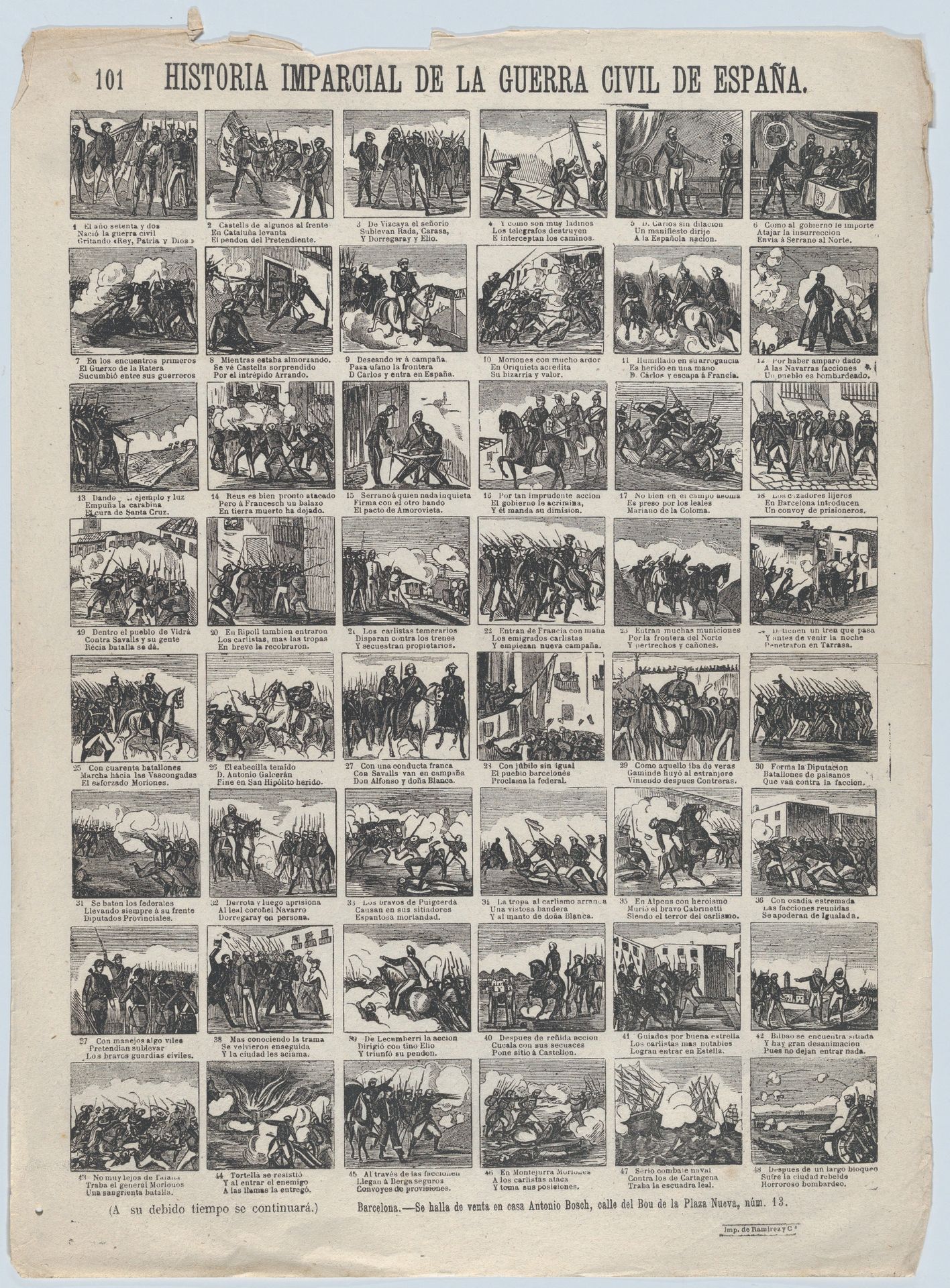 Broadside with 48 scenes telling the 'impartial' story of the civil war in Spain (Part 1) by Antonio Bosch