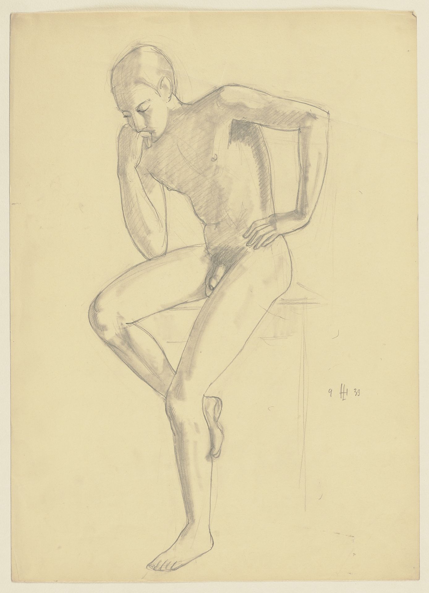 Sitting male nude by Hermann Lismann