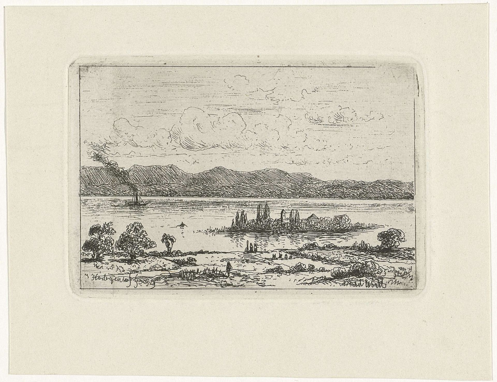 Stoomschip bij een riviereiland by Joseph Hartogensis