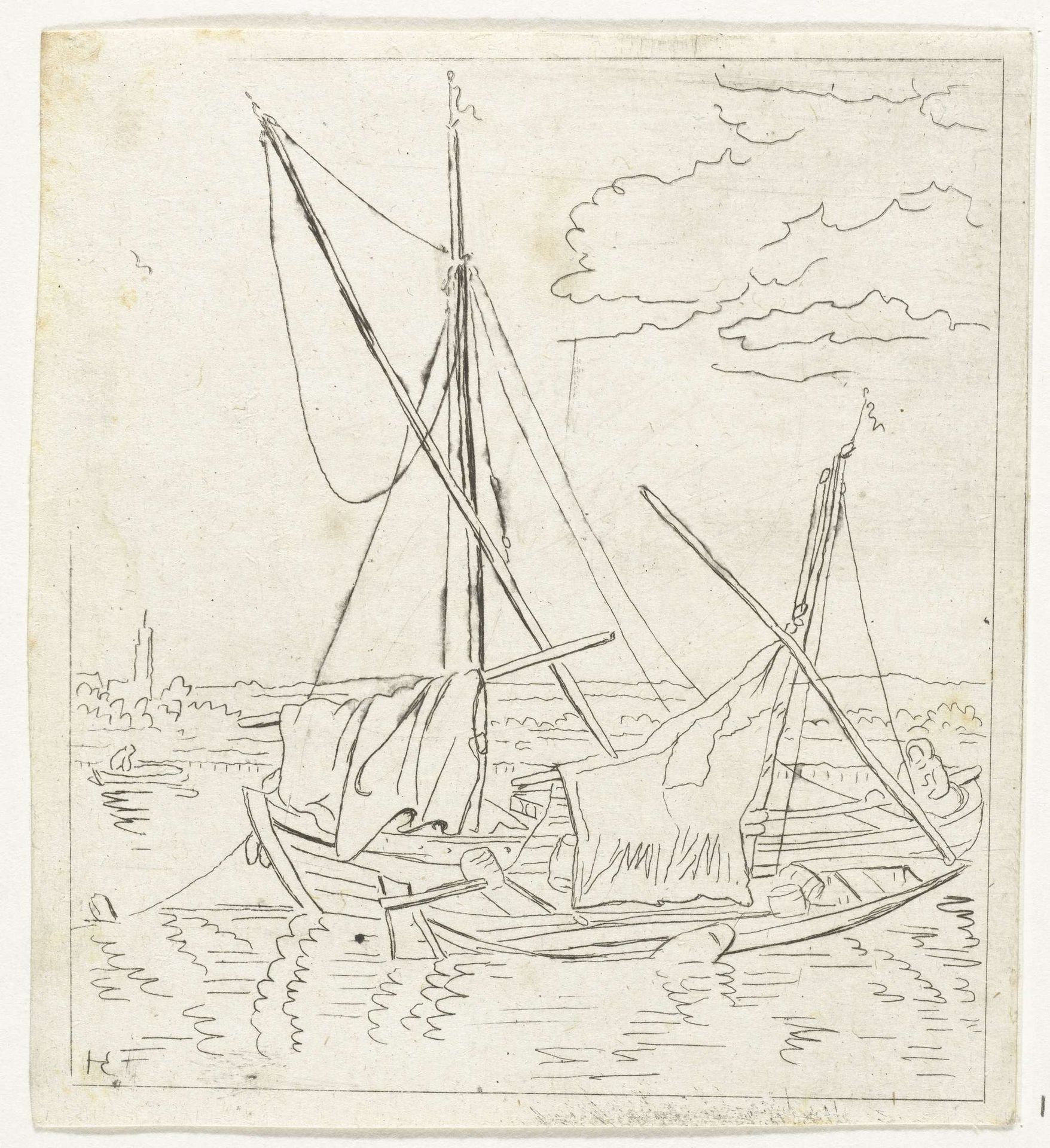 Twee zeilschepen in een rivier by Anthonie van den Bos