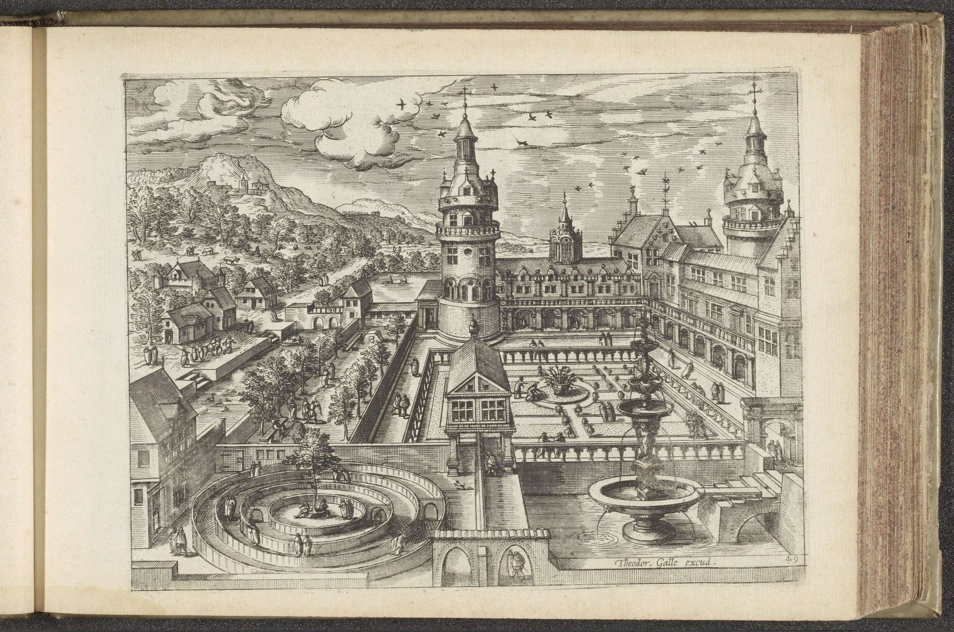 Gezicht op een paleis met tuinen en fontein in vogelvluchtperspectief by Anonymous