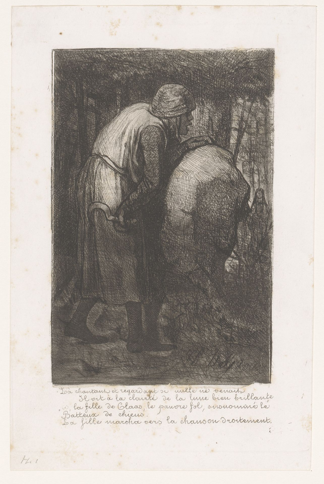 Middeleeuwse soldaat met sikkel bespiedt van achter een rots een voorbij rijdende dame by Charles De Groux