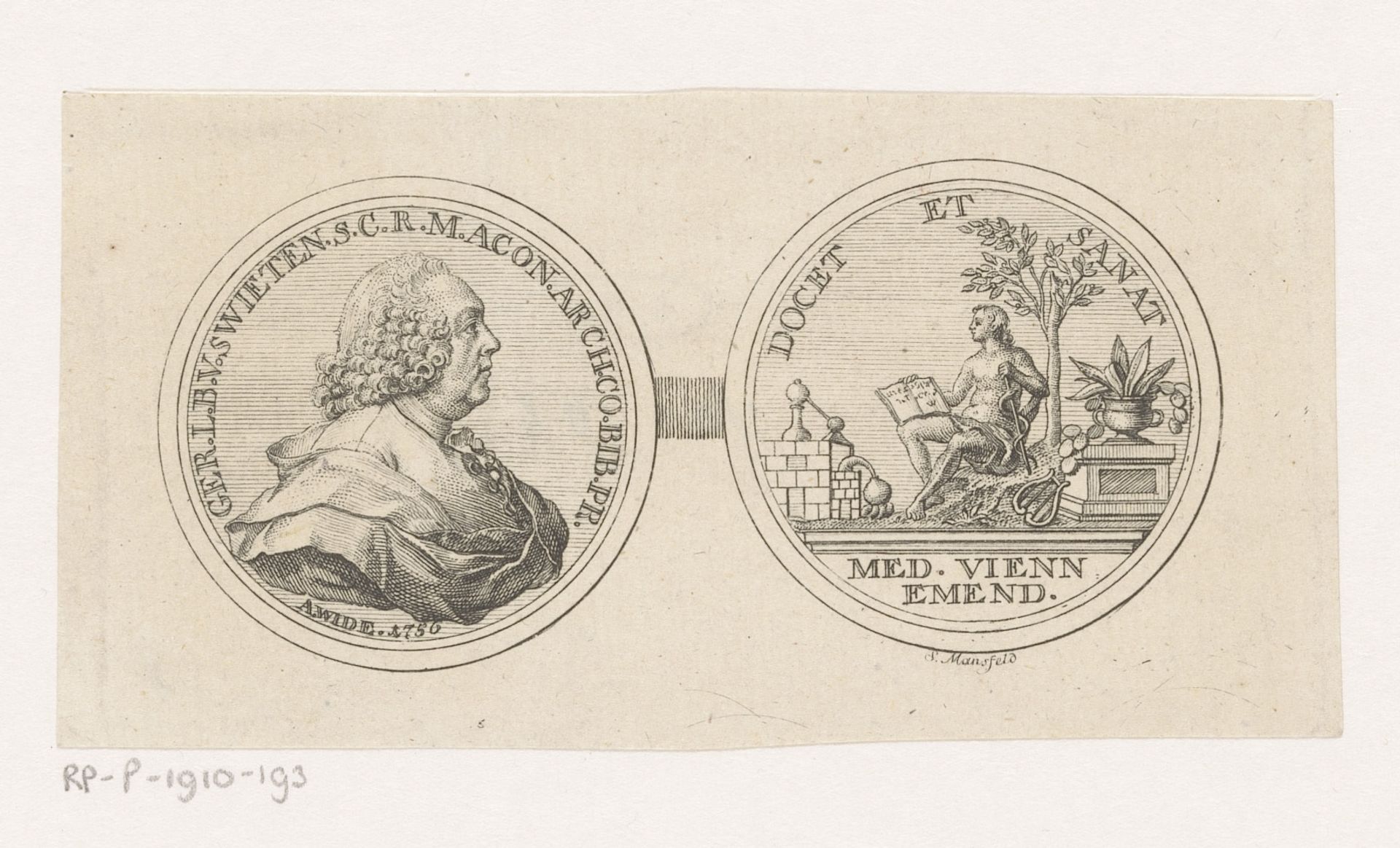 Penning met het portret en personificatie op Gerard van Swieten by Sebastian Mansfeld