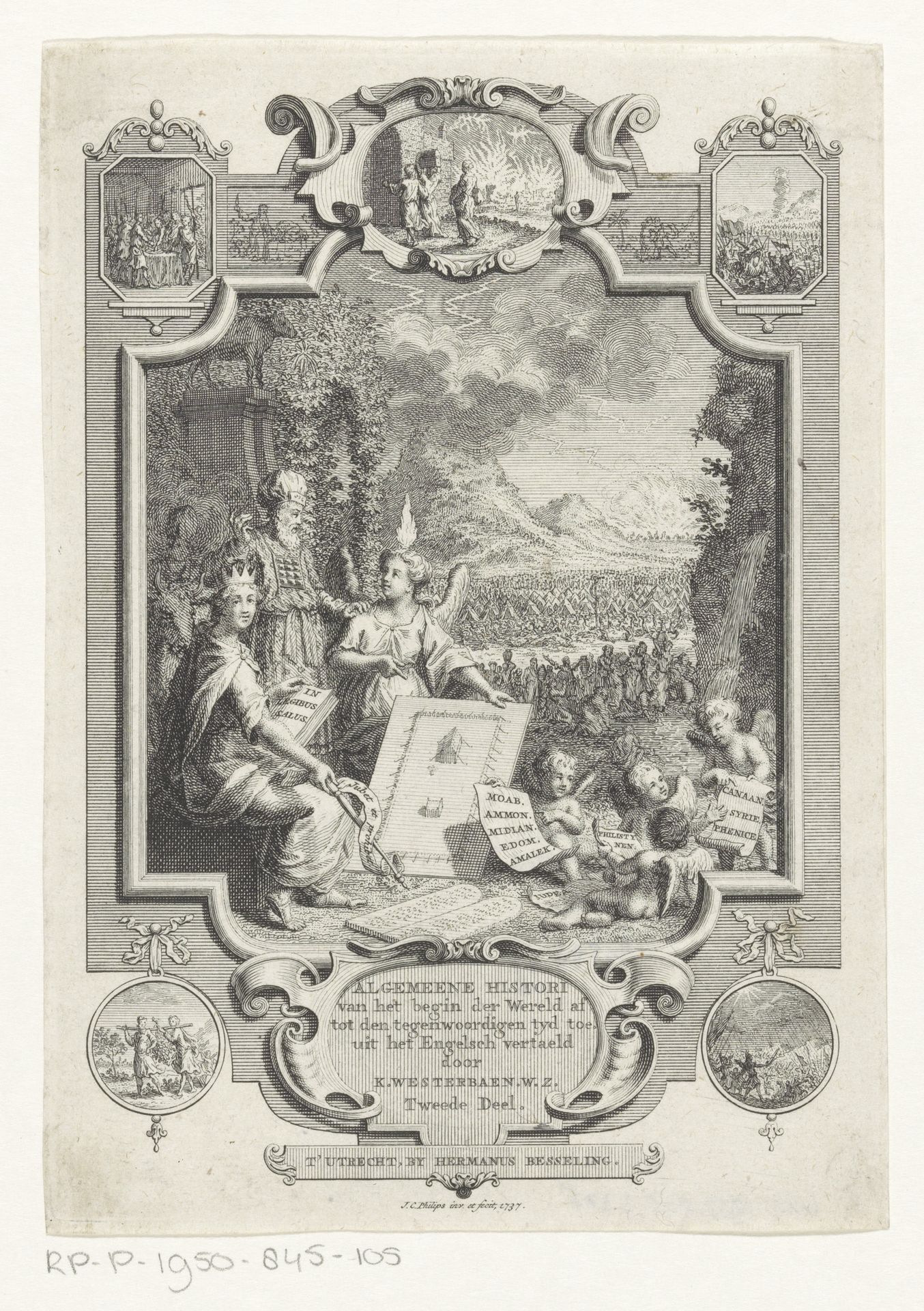Cartouche met allegorie op de geschiedenis van Israël by Jan Caspar Philips