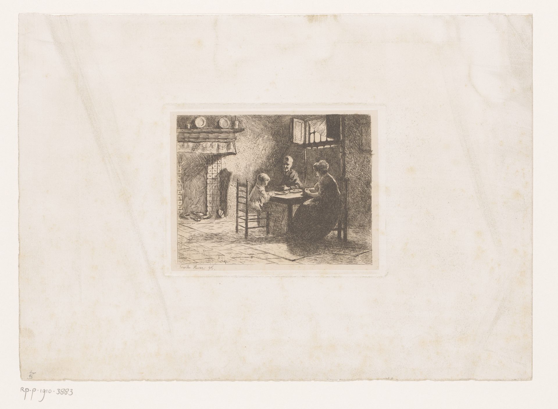 Boerenfamilie aan tafel in de keuken by Angèle Huer