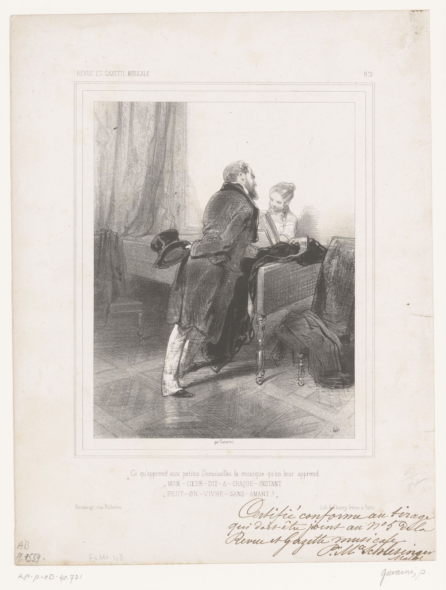Muziekleraar met leerlinge achter de piano by Paul Gavarni