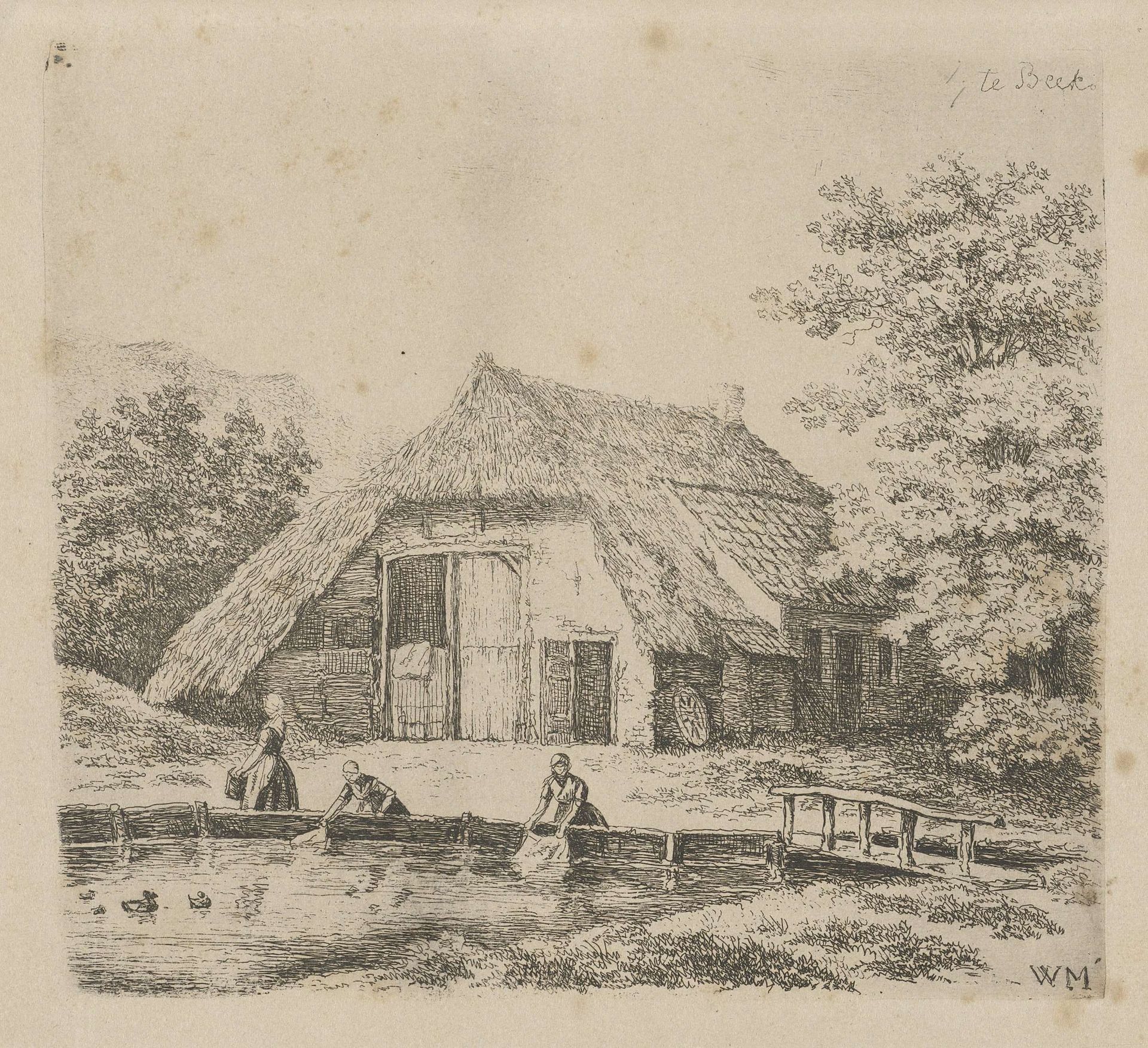 Drie vrouwen doen de was in Beek by Christiaan Wilhelmus Moorrees