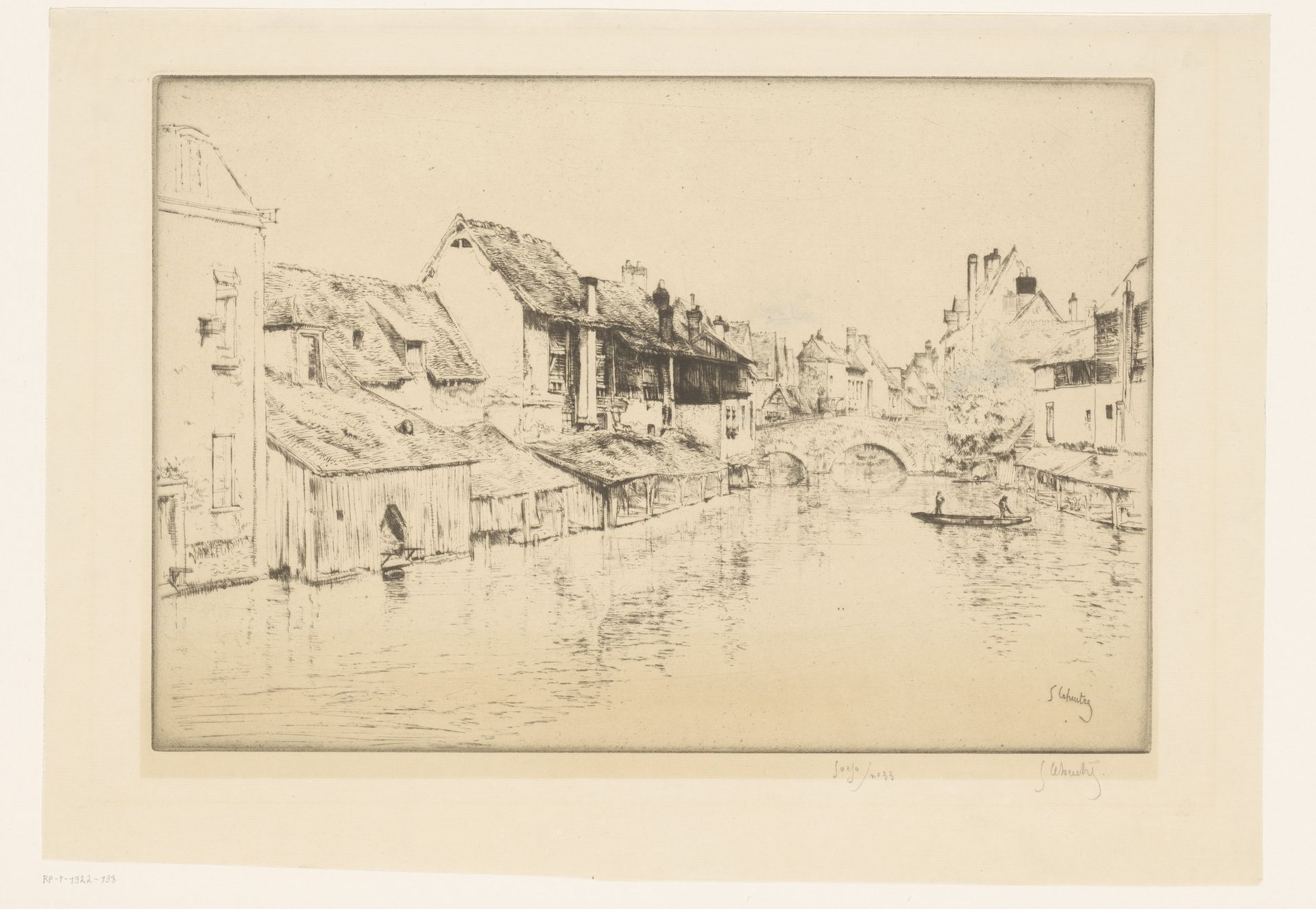 Gezicht op een rivier door een stad by Gustave Leheutre
