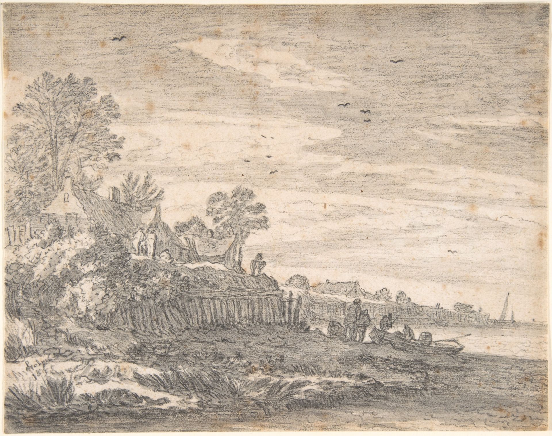 Village on an estuary, with a rowing boat on the shore by Pieter de Molijn