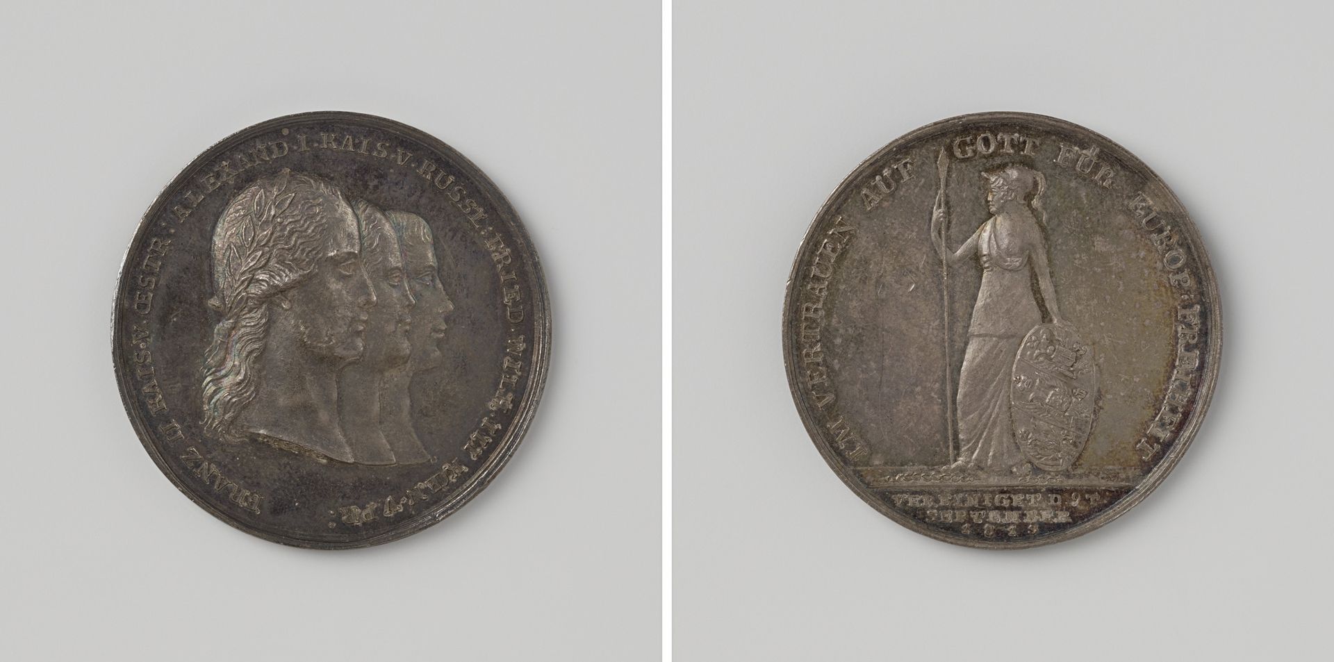 Verdrag van Teplitz, ter ere van Alexander I, tsaar van Rusland, Frans I, keizer van Oostenrijk en Frederik Willem III, koning van Pruisen by Karl Lesser
