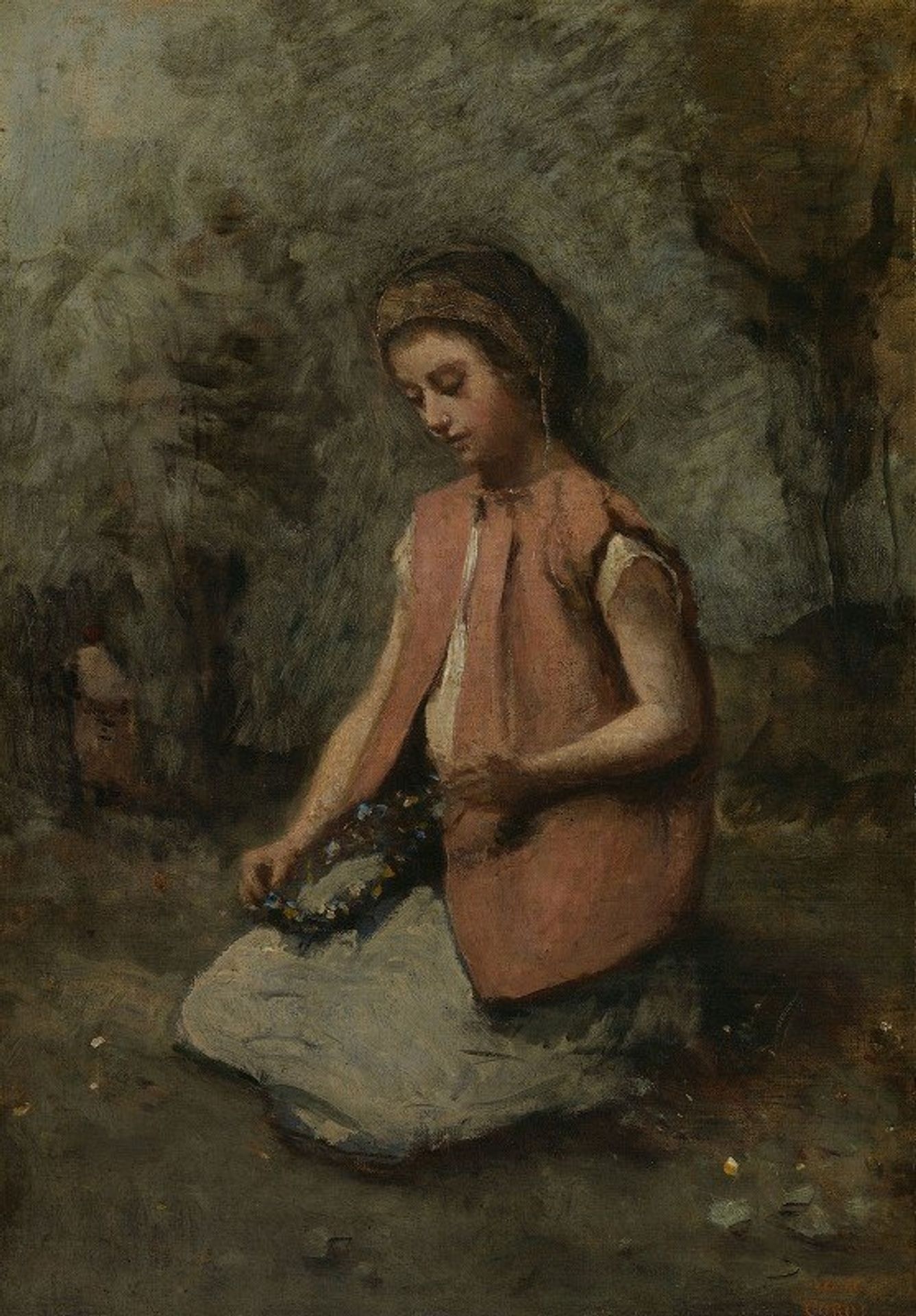 Girl Weaving a Garland by Camille Corot