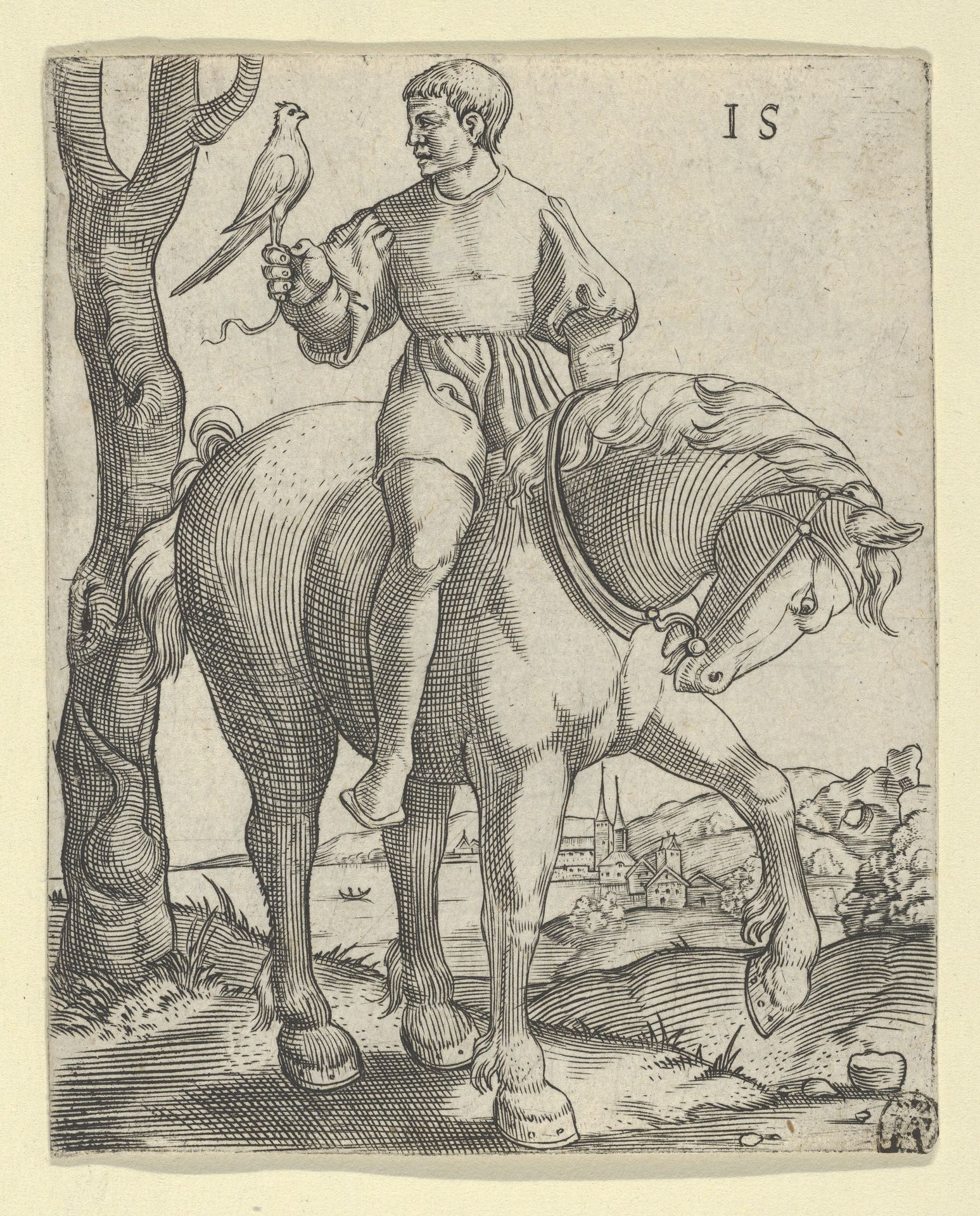 Man on Horseback holding a Falcon by Master IS