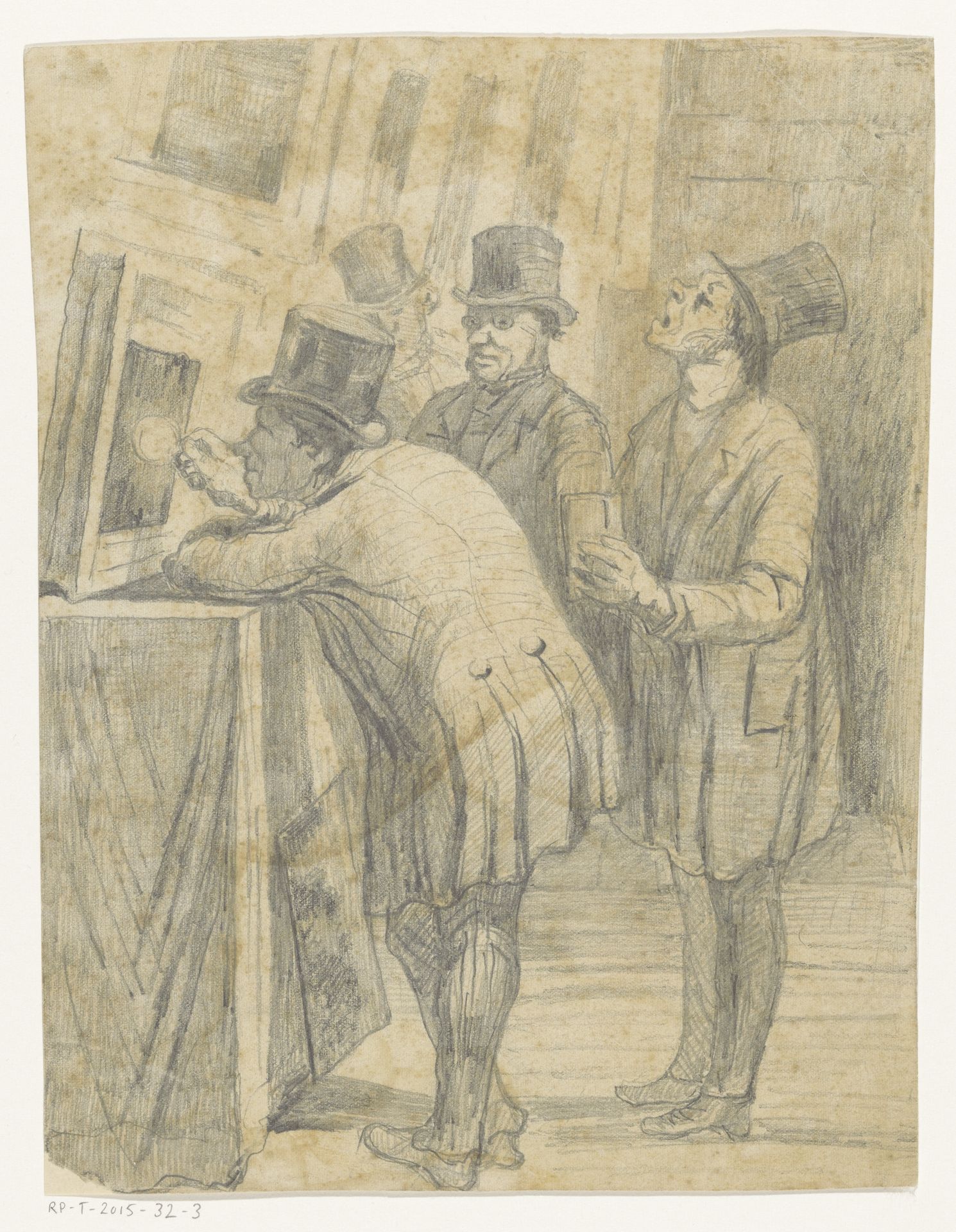 Man bekijkt een schilderij of prent met een vergrootglas by Anonymous