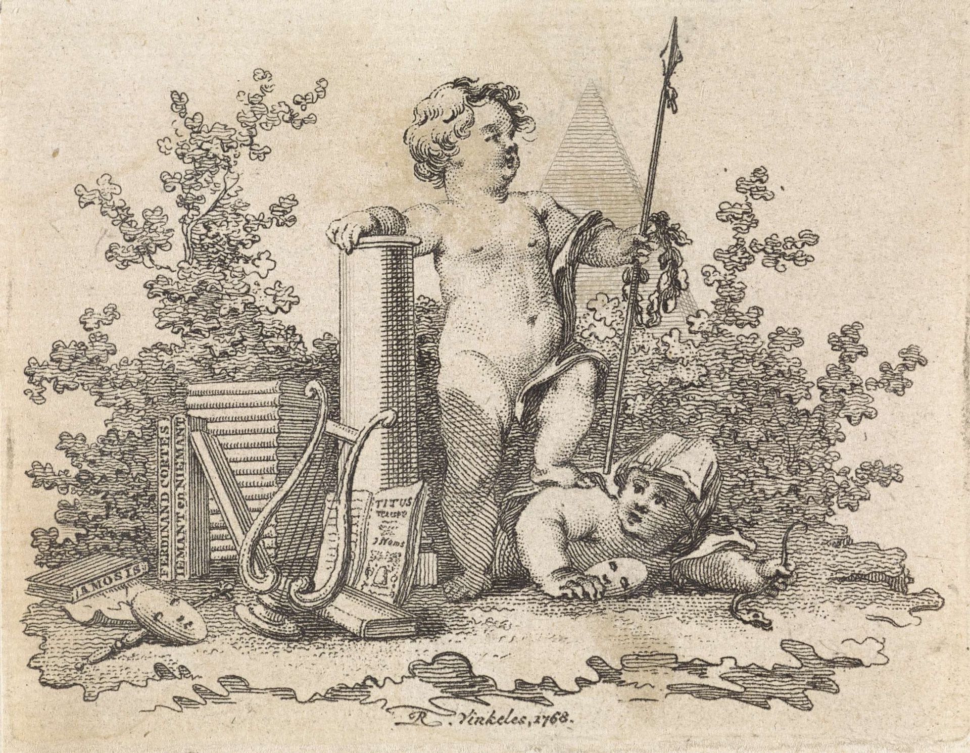 Twee putti met allegorische attributen by Reinier Vinkeles
