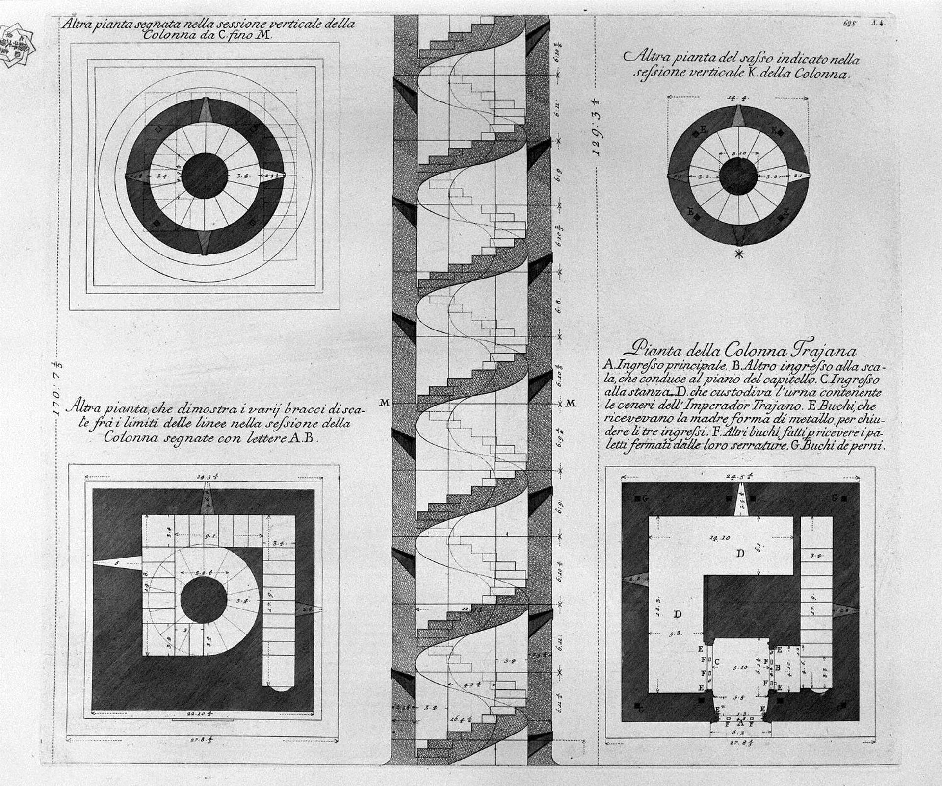 Vertical section of the Trajan column, with six plants taken at various heights, three boards together by Giovanni Battista Piranesi