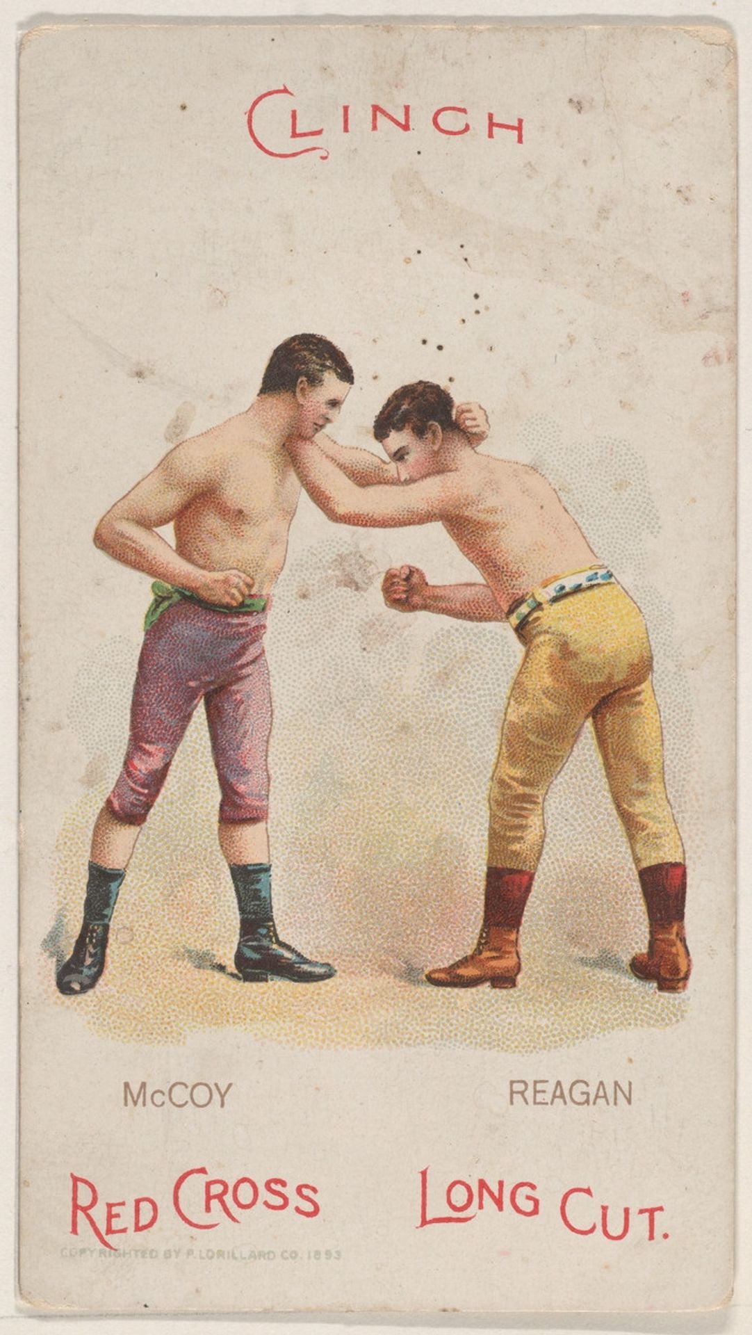 Clinch, Pete McCoy and Johnny Reagan, from the Boxing Positions and Boxers series (N266) issued by P. Lorillard Company to promote Red Cross Long Cut Tobacco by P. Lorillard Company