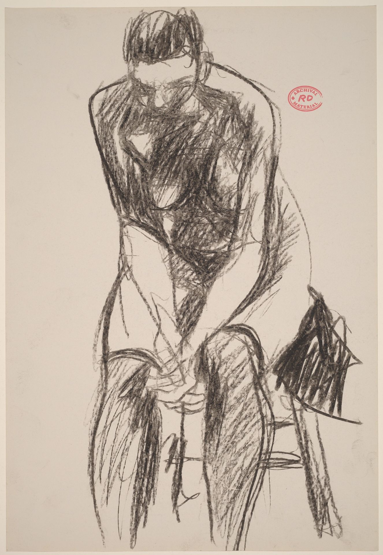 Untitled [female nude in stockings leaning forward on a stool] by Richard Diebenkorn