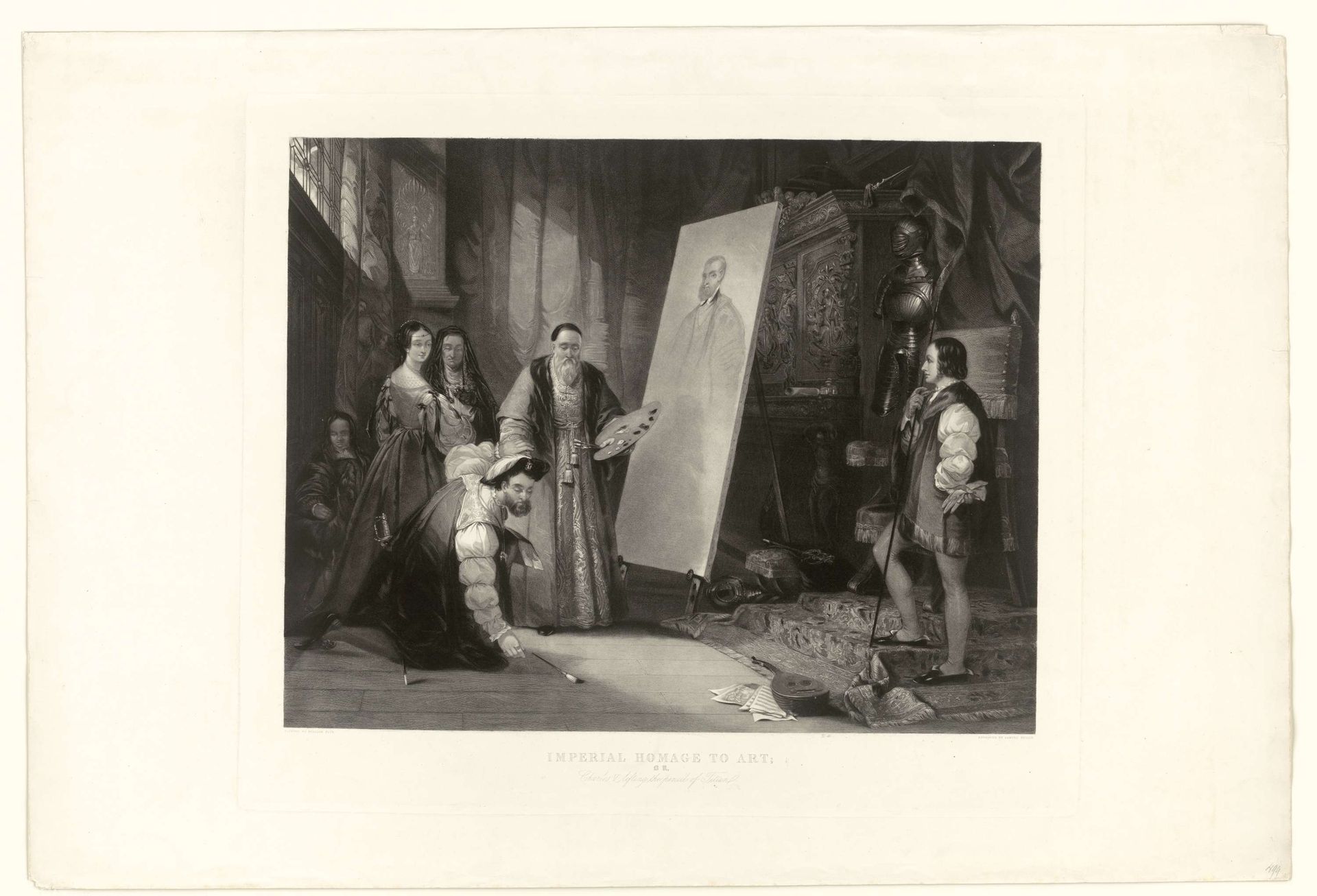 "Imperial homage to art". Karel V raapt een penceel voor Titiaan op. Naar William Fisk by Samuel Bellin