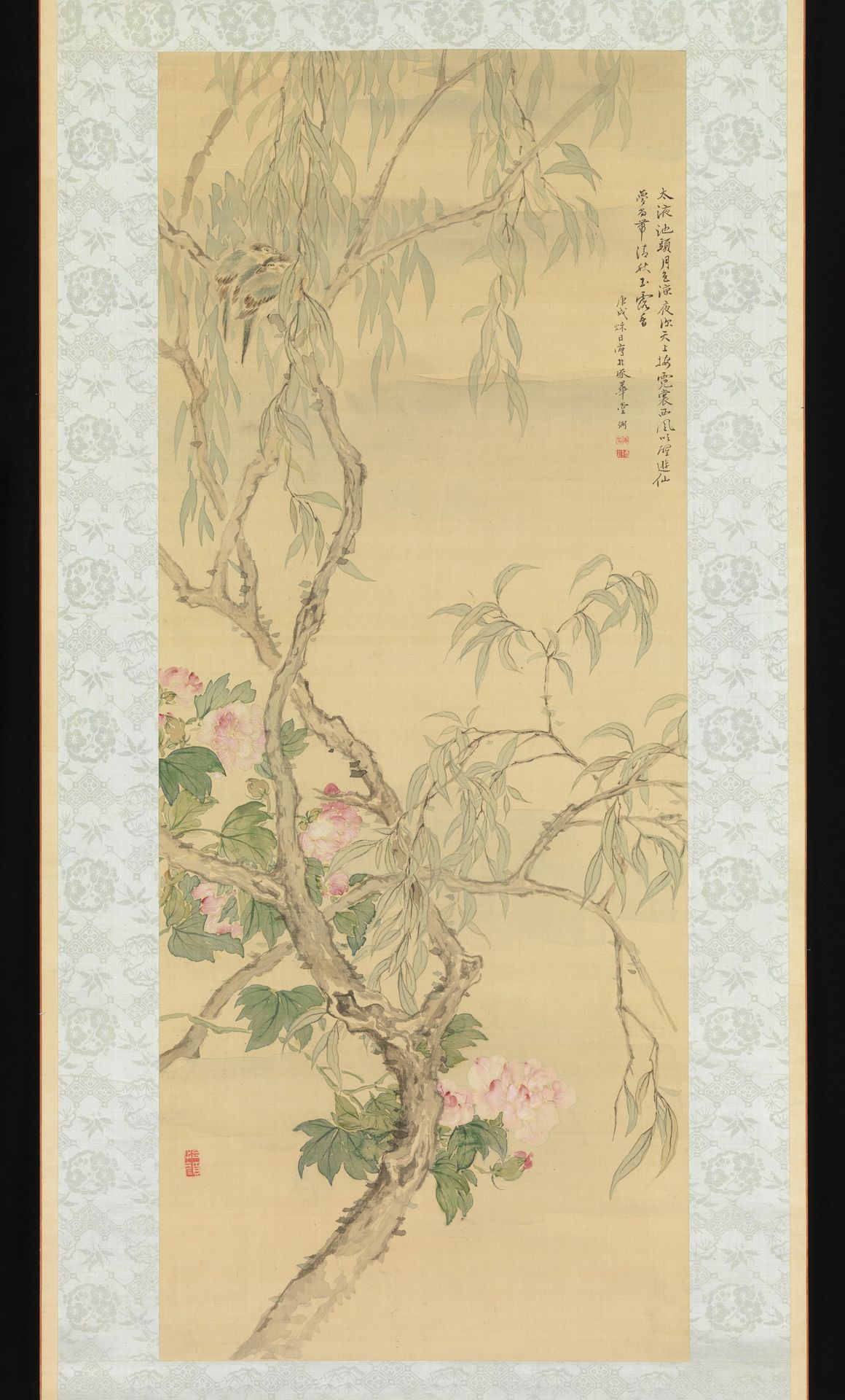 Small Birds on a Willow Branch and Hibiscus Blossoms by Tsubaki Chinzan 椿椿山