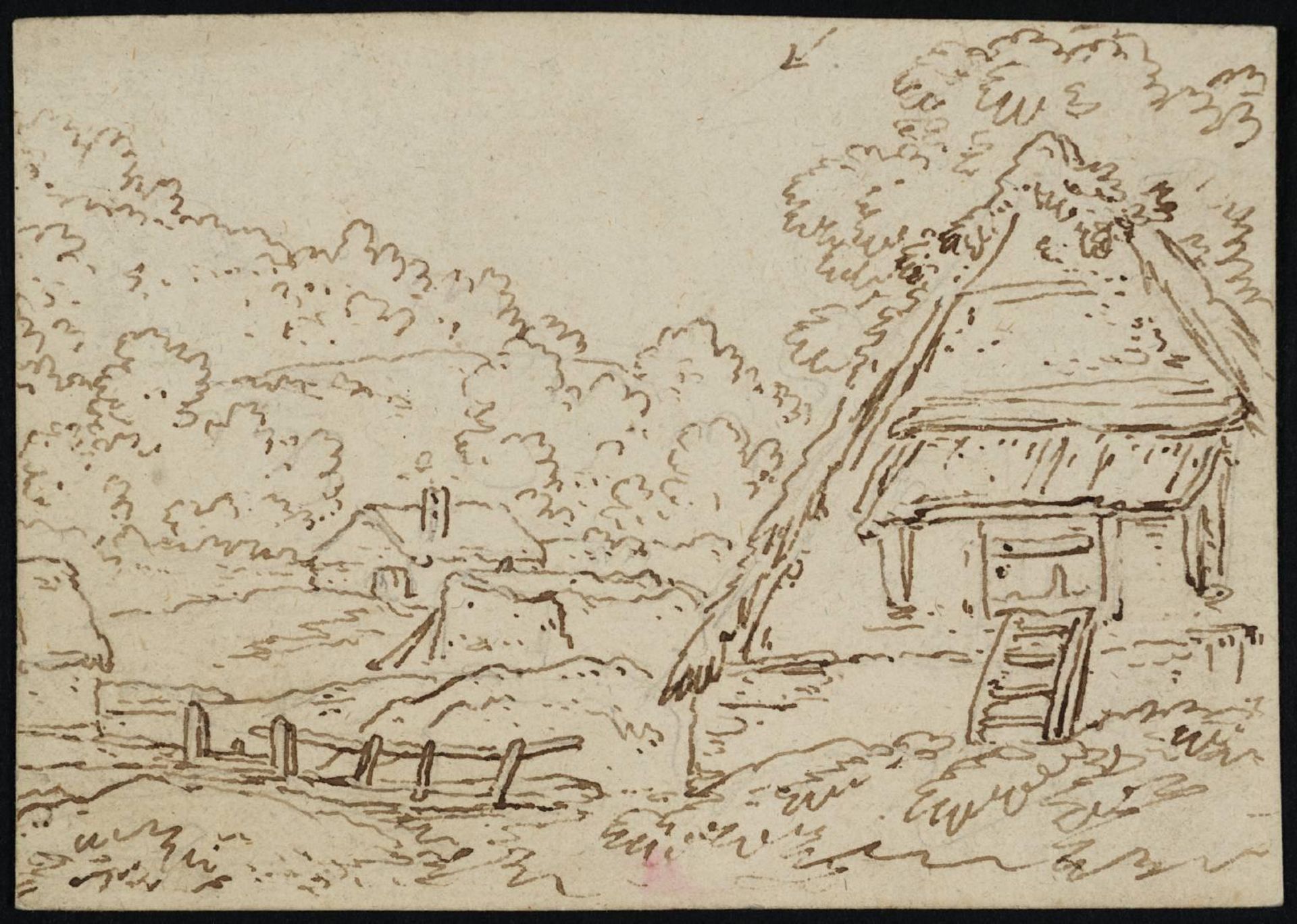 A Barn and Other Buildings with Wooded Hills, Perhaps near the Llangollen Canal by  Philip James De Loutherbourg