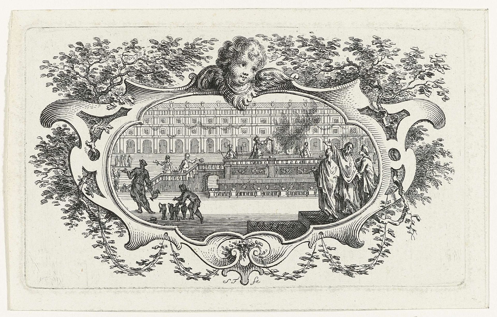 Cartouche met voorstelling van Christus in de tempel by Simon Fokke