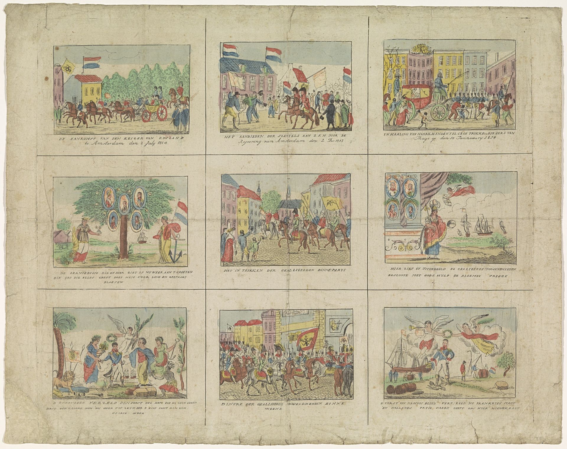 Blad met 9 voorstellingen van historische gebeurtenissen in de jaren 1813-1814 by Anonymous