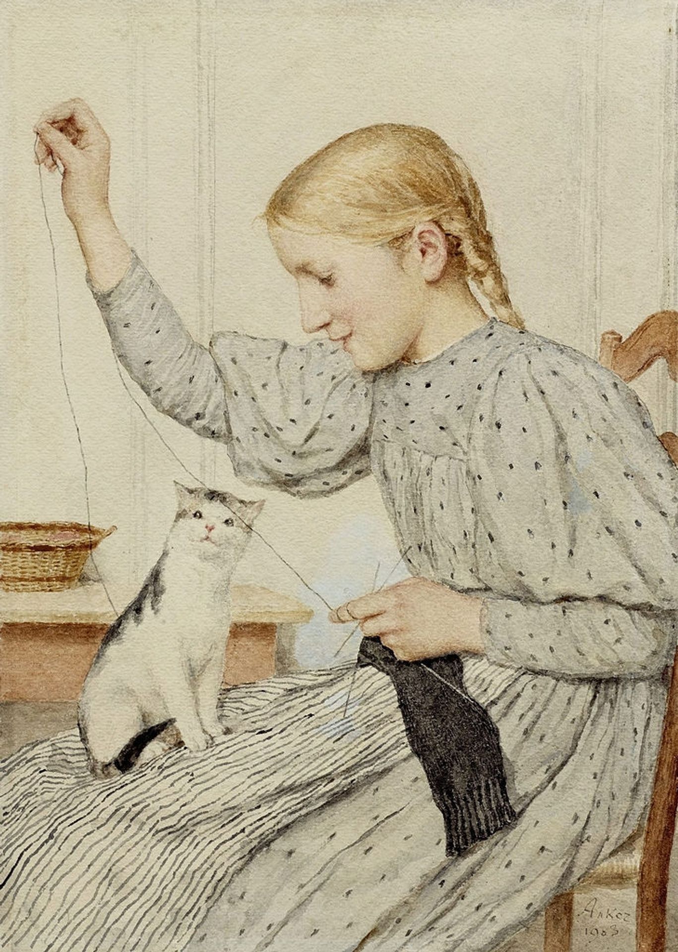 Sitting girl with a cat by Albrecht Anker