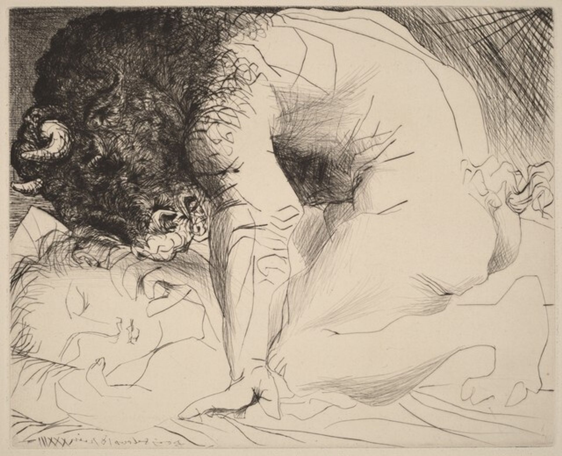 Minotaur Caressing a Sleeping Woman (Minotaure caressant une dormeuse) by Pablo Picasso