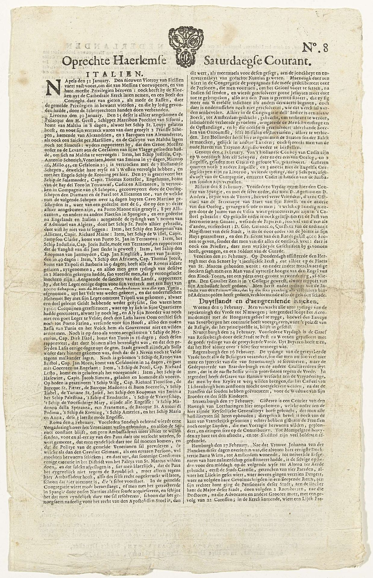 Oprechte Haerlemse Saturdaegse Courant, no.8, 25 February 1679 by Anonymous
