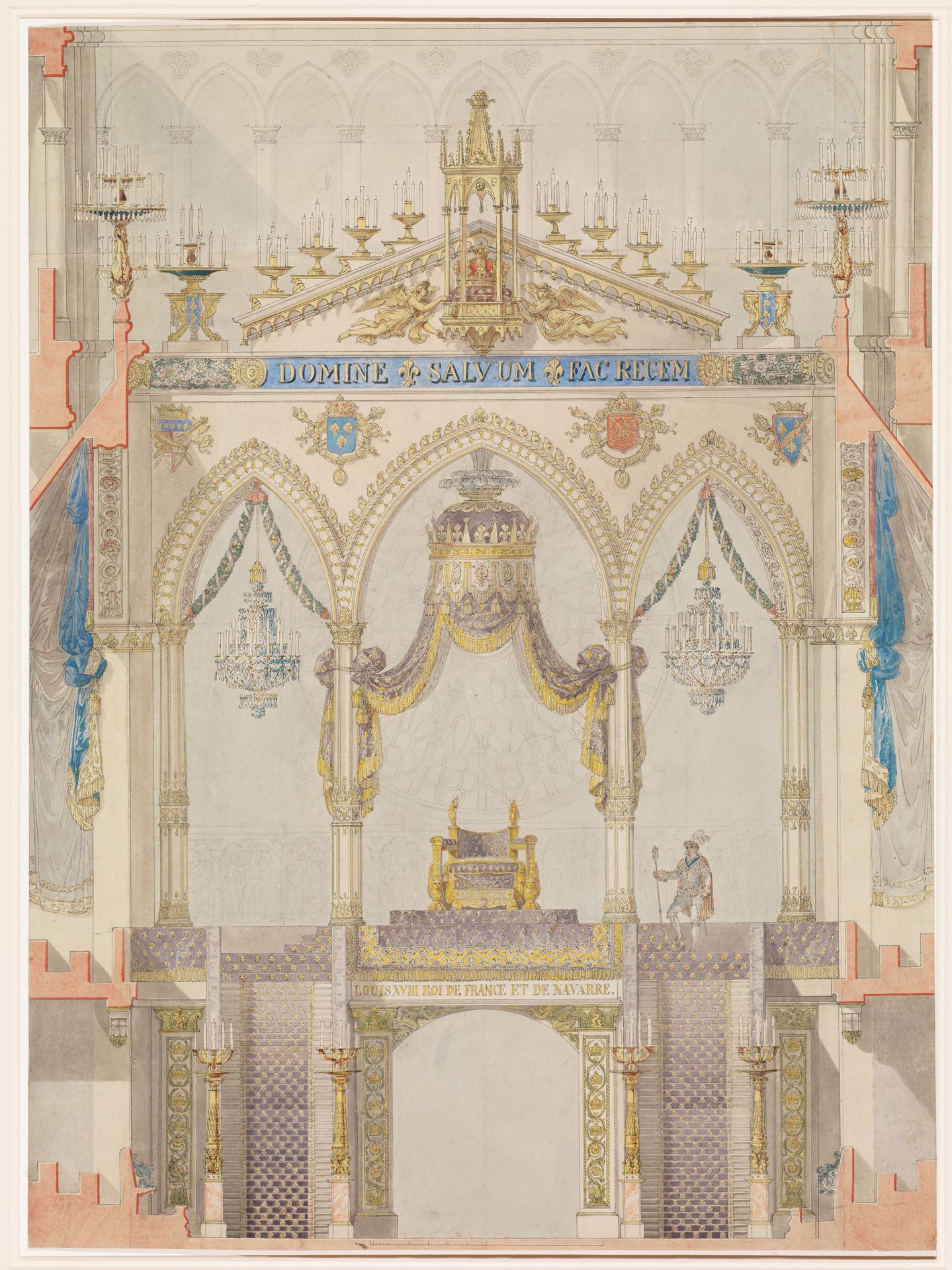 Interior Elevation of Reims Cathedral with the Rood Screen and Throne for the Coronation of King Louis XVIII by Charles Percier